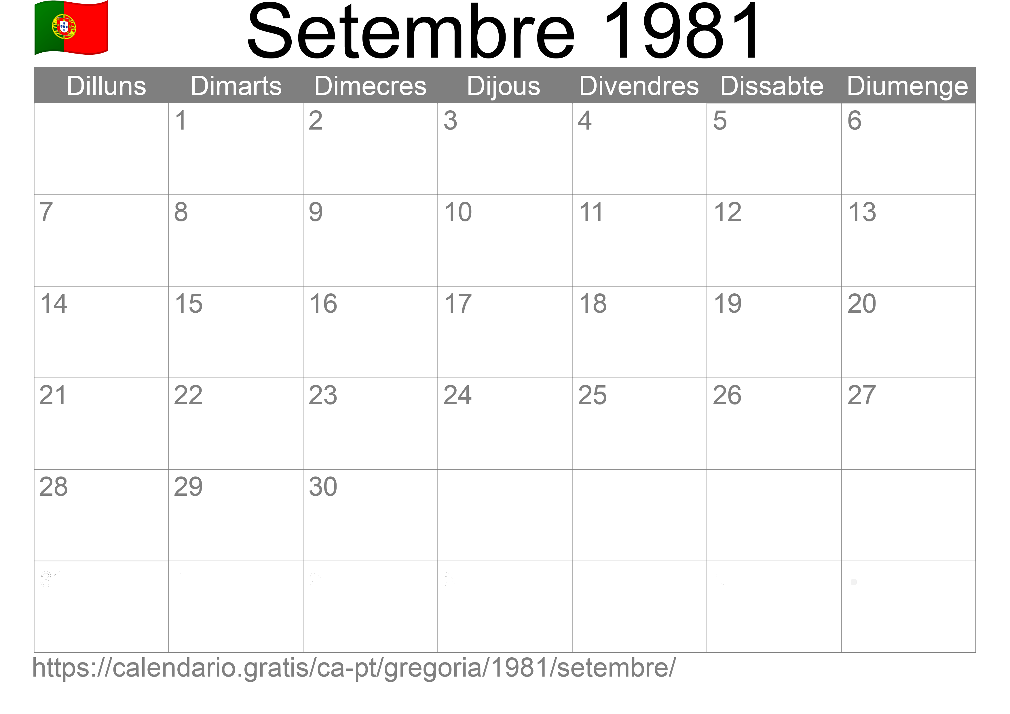 Calendari Setembre 1981 per imprimir