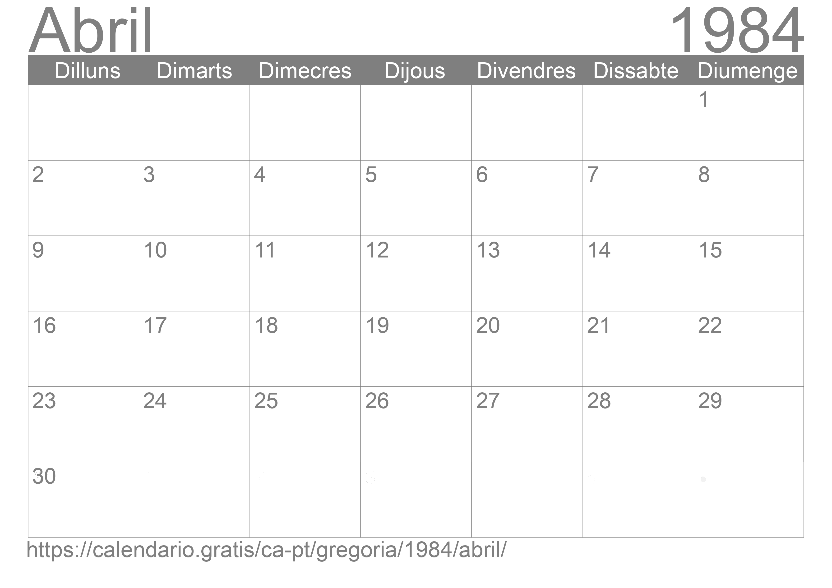 Calendari Abril 1984 per imprimir