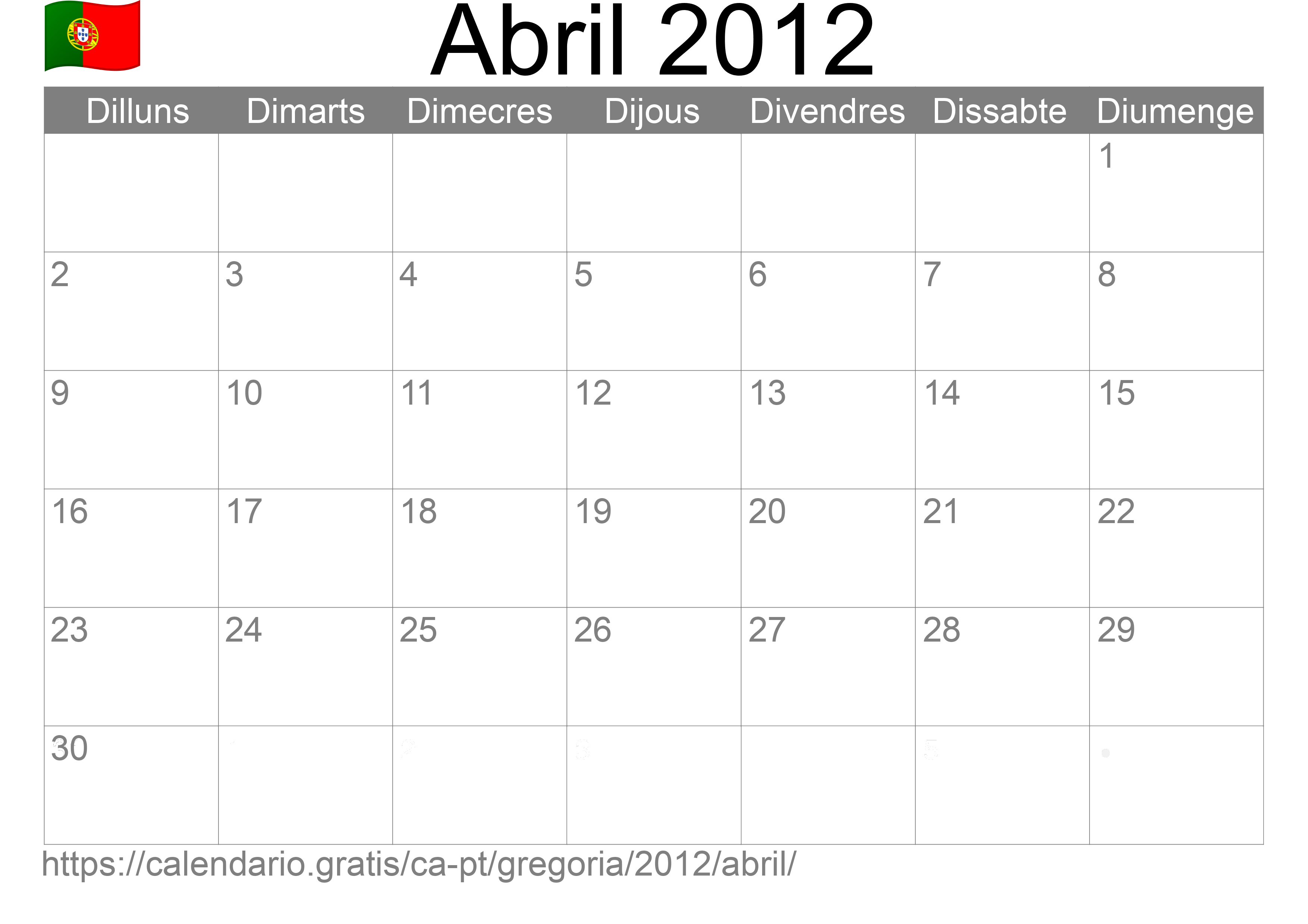 Calendari Abril 2012 per imprimir