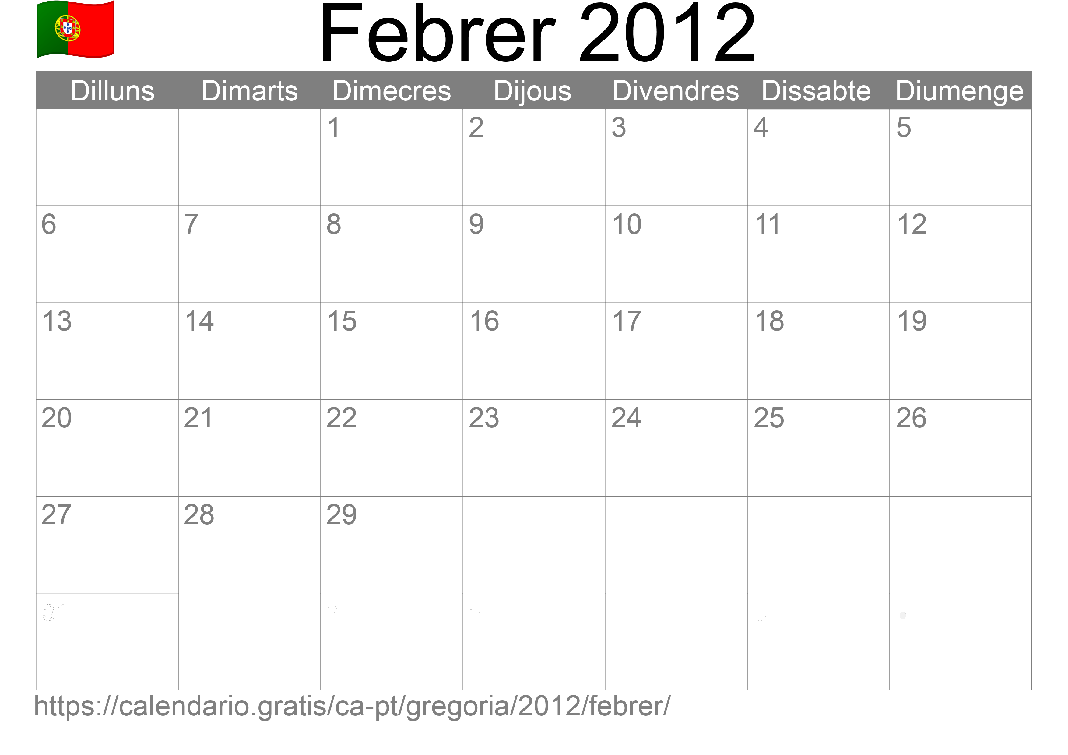 Calendari Febrer 2012 per imprimir