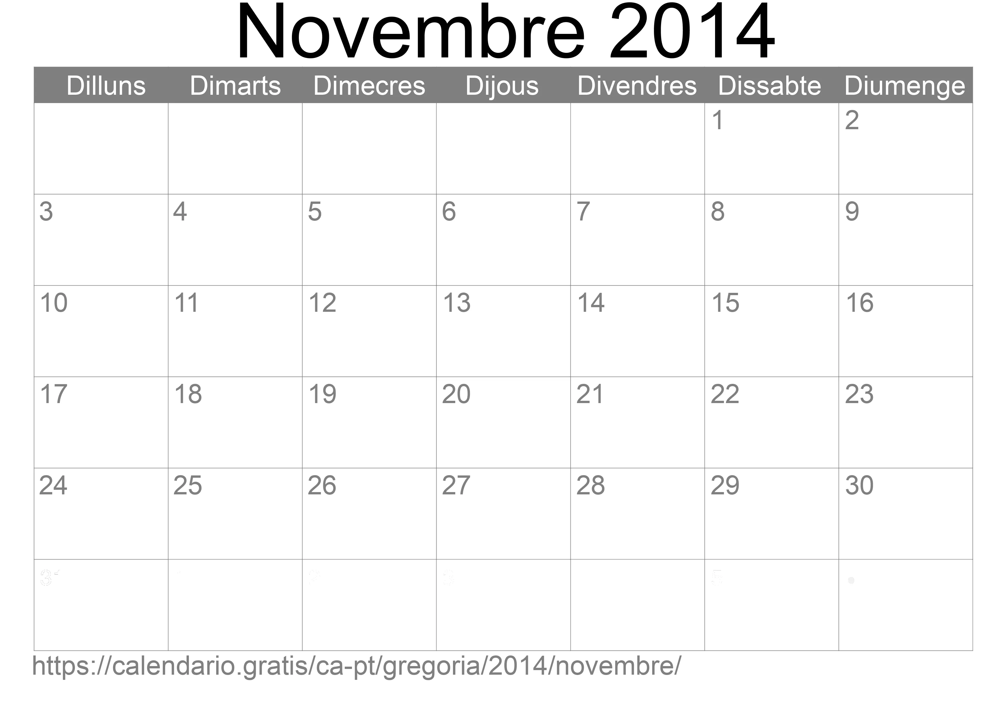 Calendari Novembre 2014 per imprimir (Portugal)