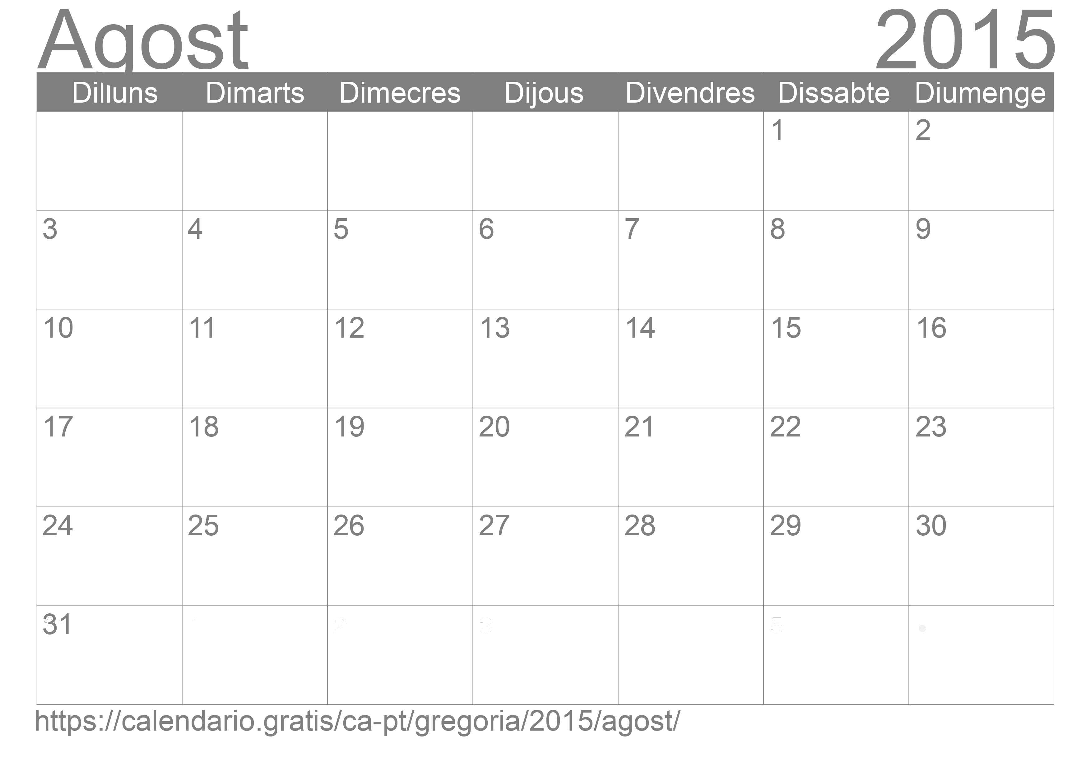 Calendari Agost 2015 per imprimir