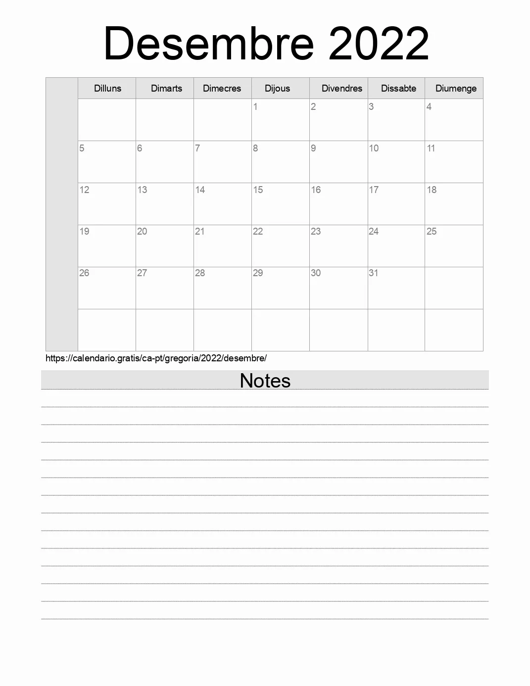 Calendari de Desembre 2022 per imprimir amb notes. (Portugal)
