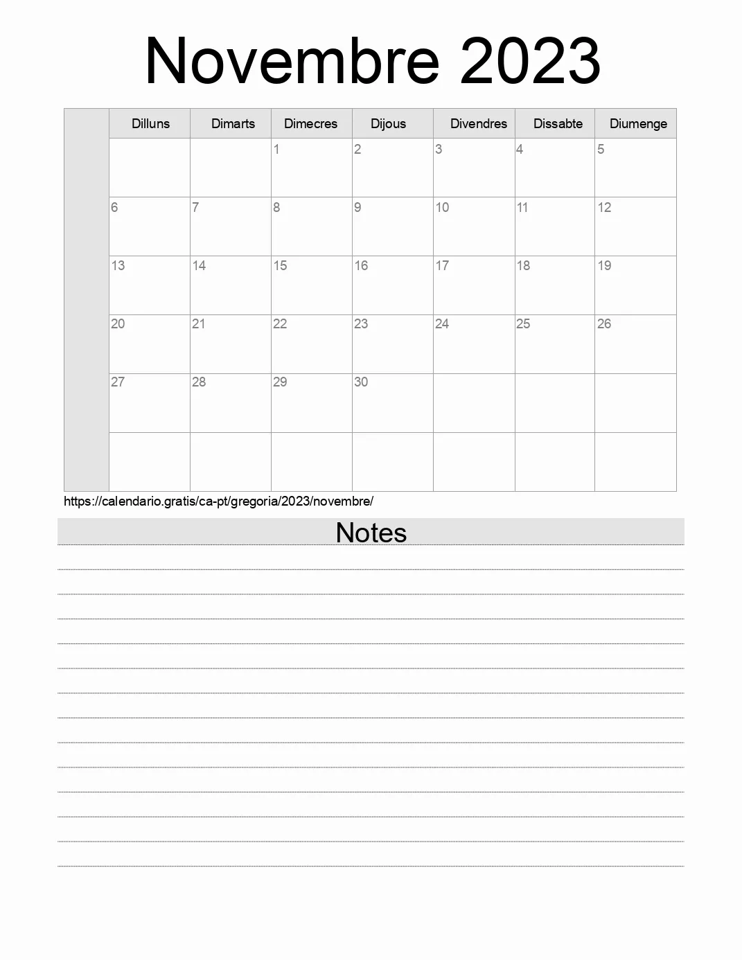 Calendari de Novembre 2023 per imprimir amb notes. (Portugal)