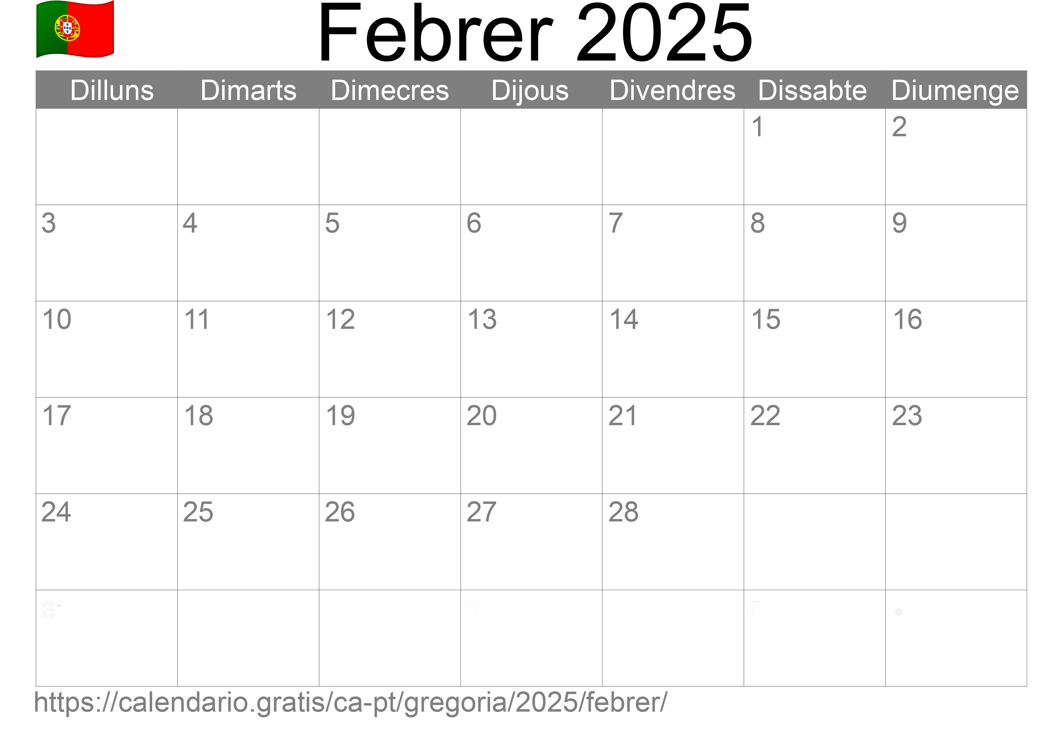 Calendari Febrer 2025 per imprimir