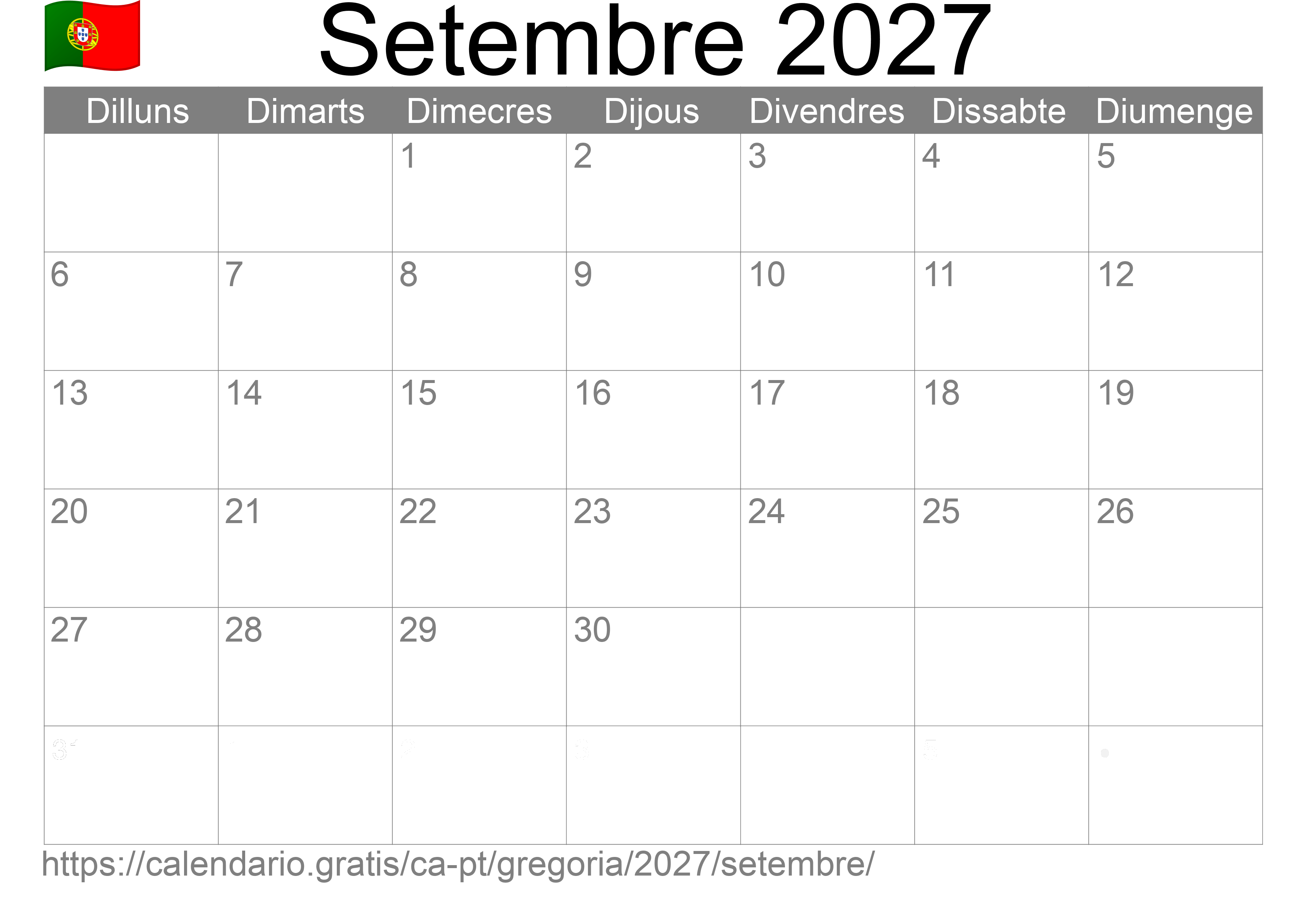 Calendari Setembre 2027 per imprimir