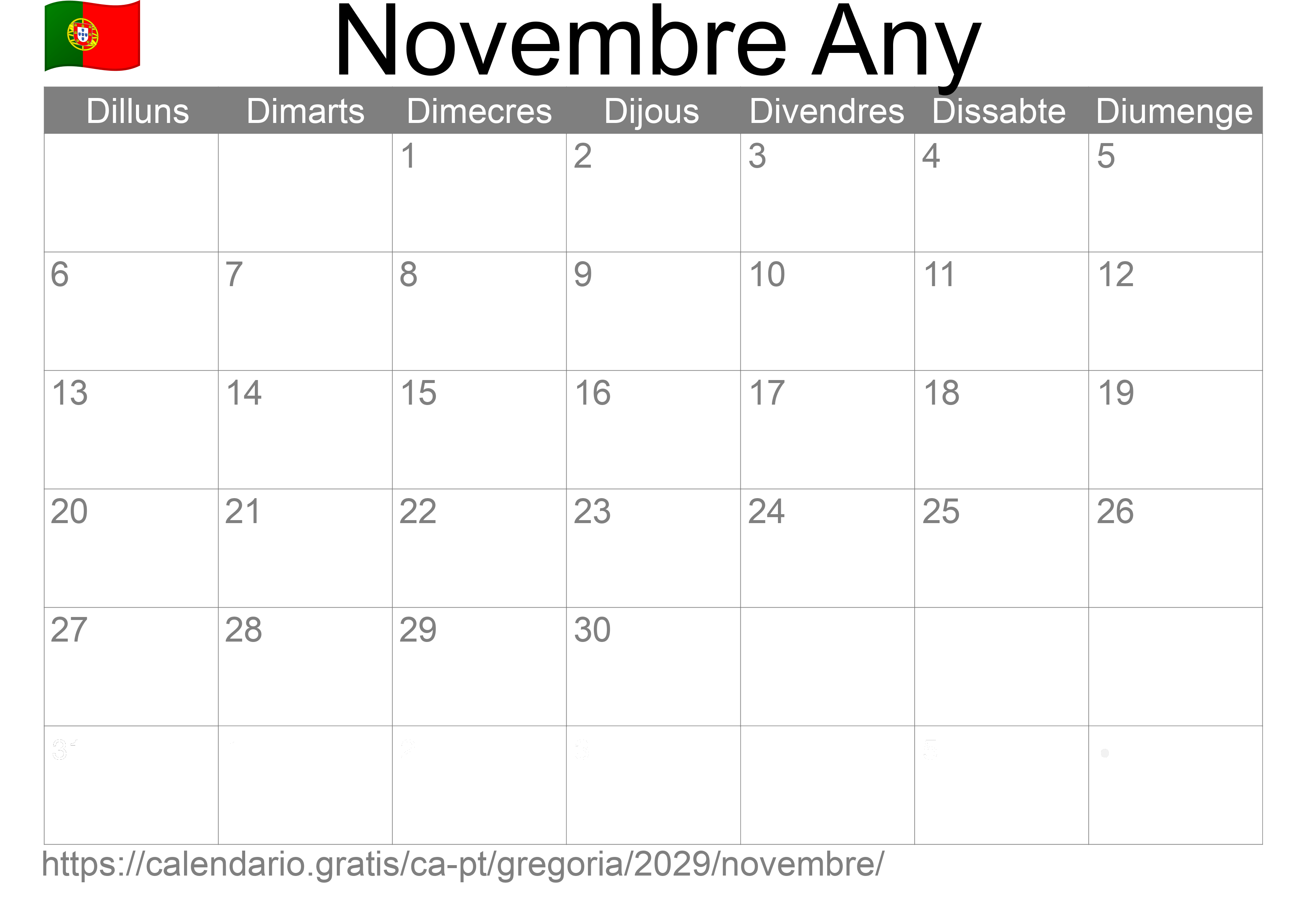 Calendari Novembre 2029 per imprimir