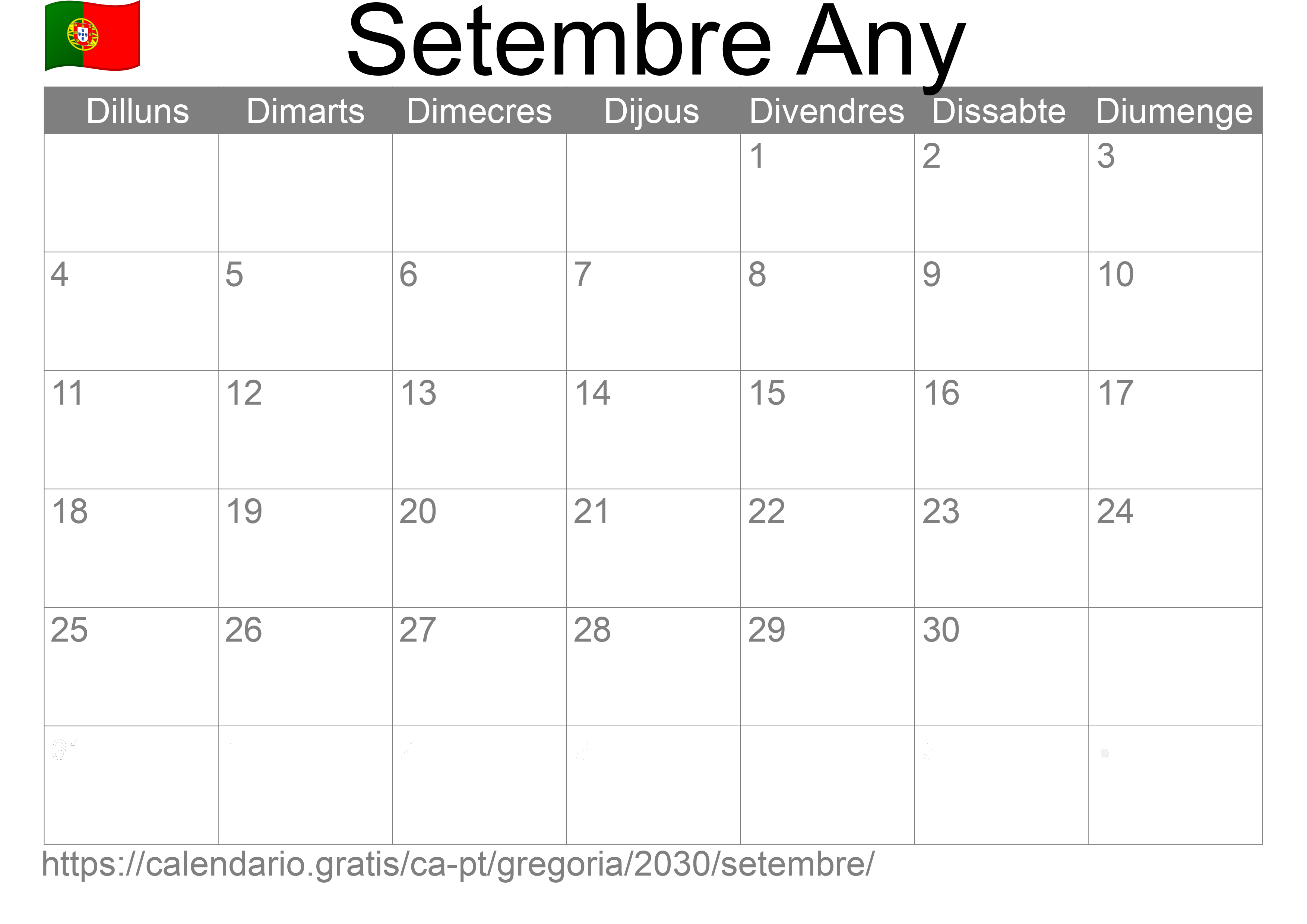 Calendari Setembre 2030 per imprimir