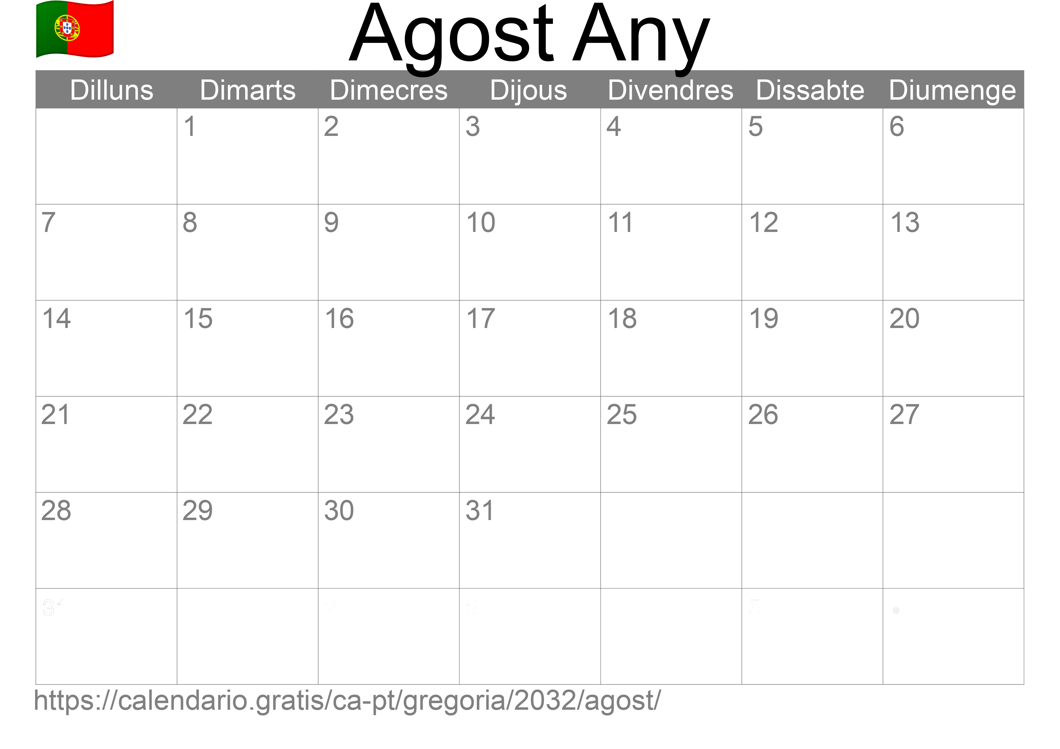 Calendari Agost 2032 per imprimir