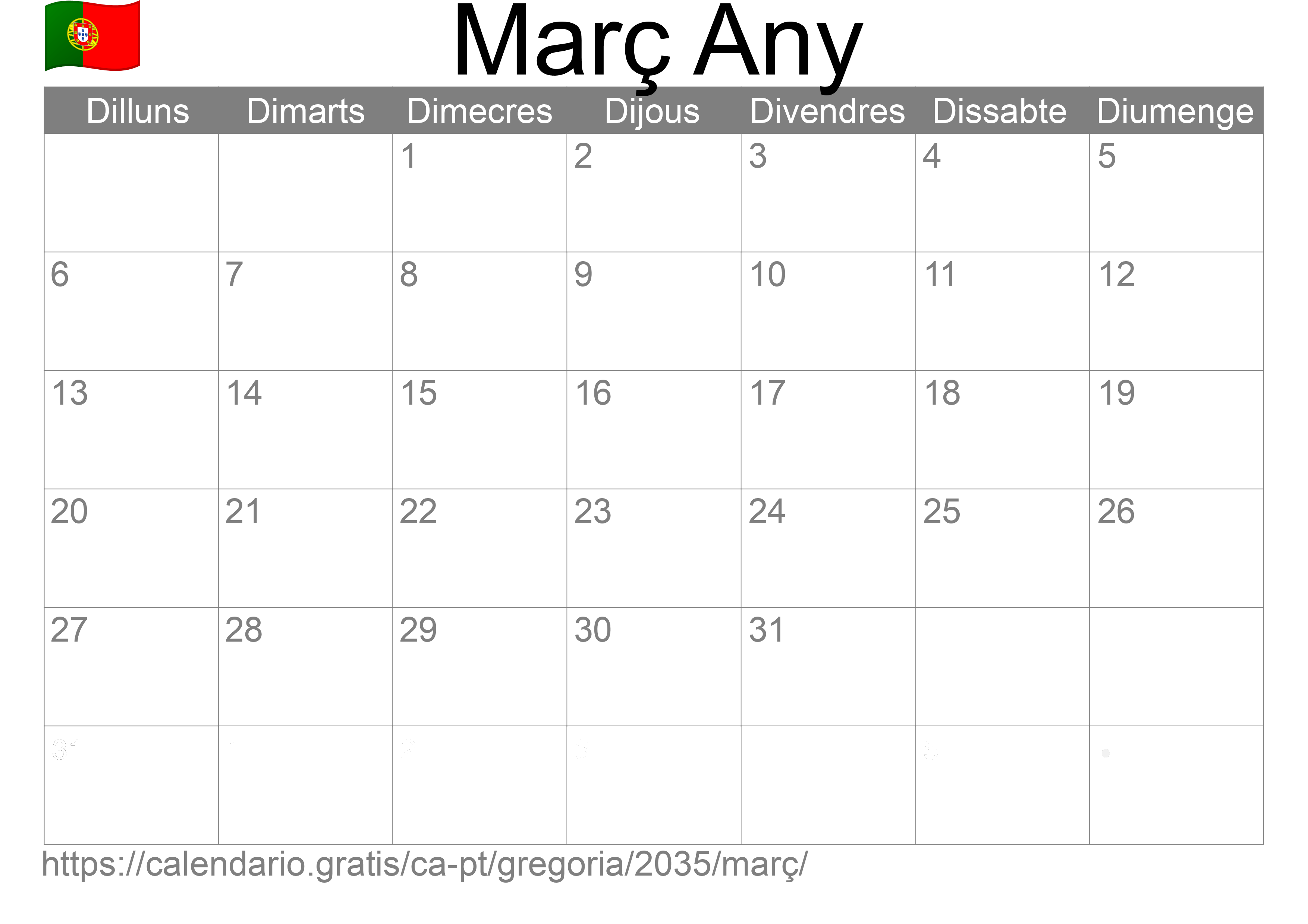 Calendari Març 2035 per imprimir