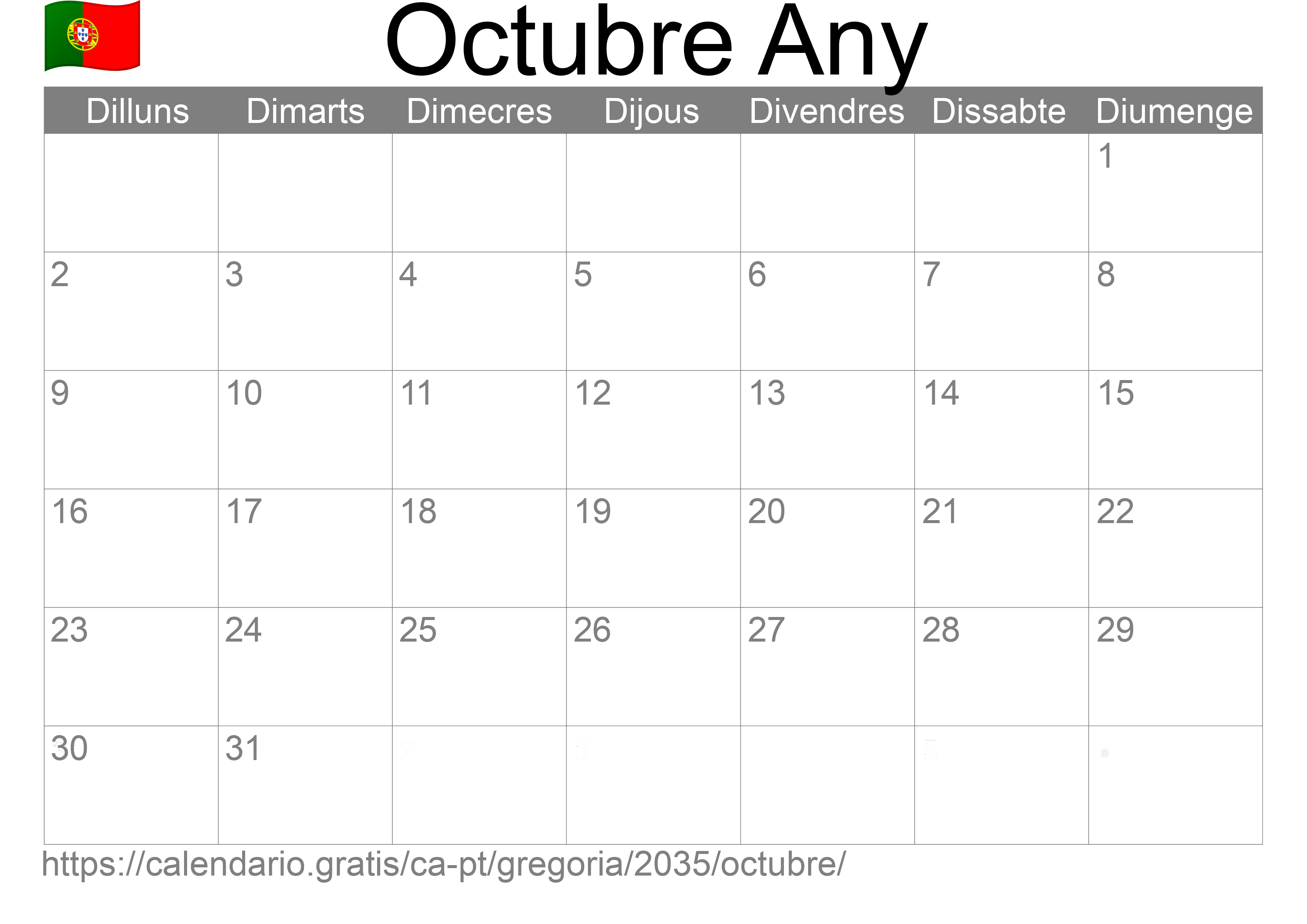 Calendari Octubre 2035 per imprimir