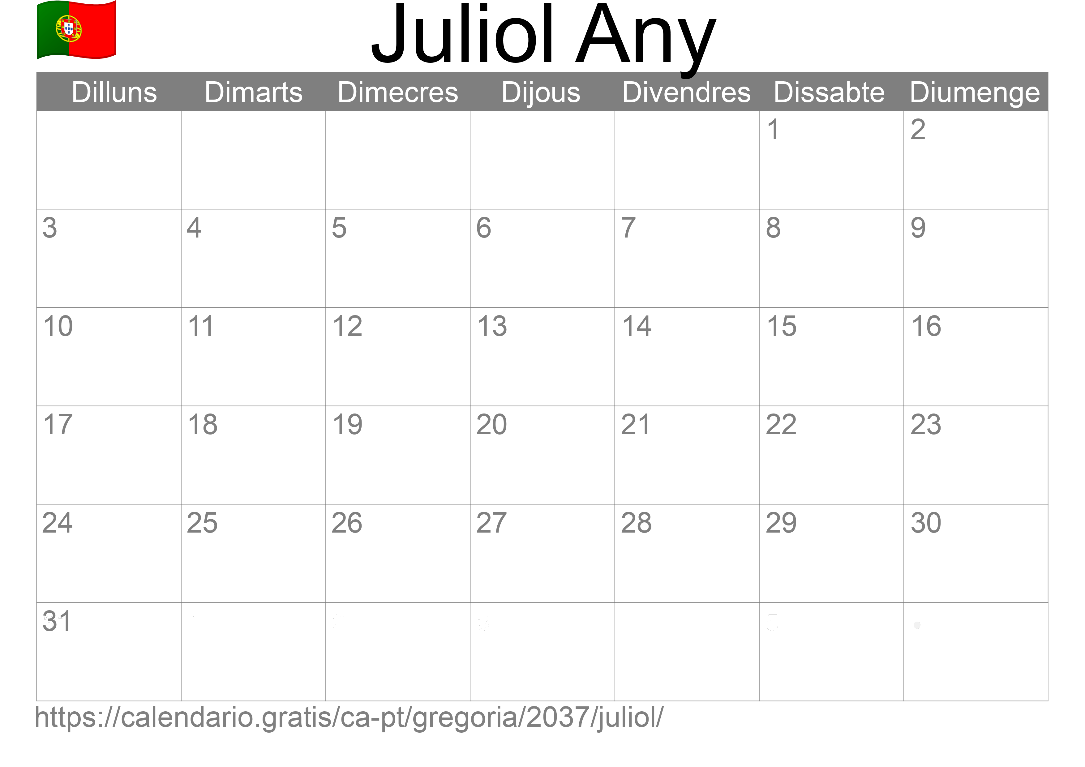 Calendari Juliol 2037 per imprimir