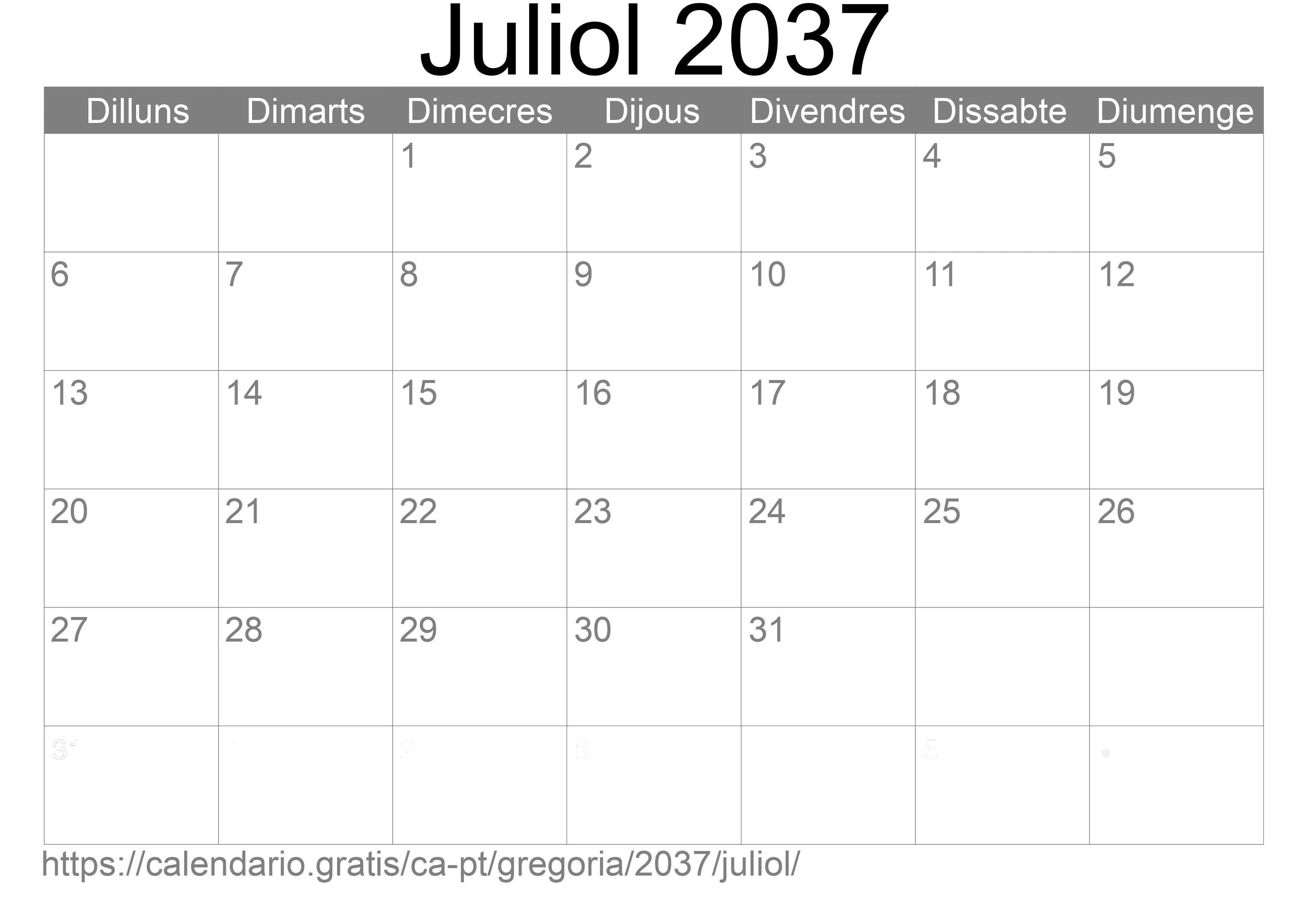 Calendari Juliol 2037 per imprimir (Portugal)