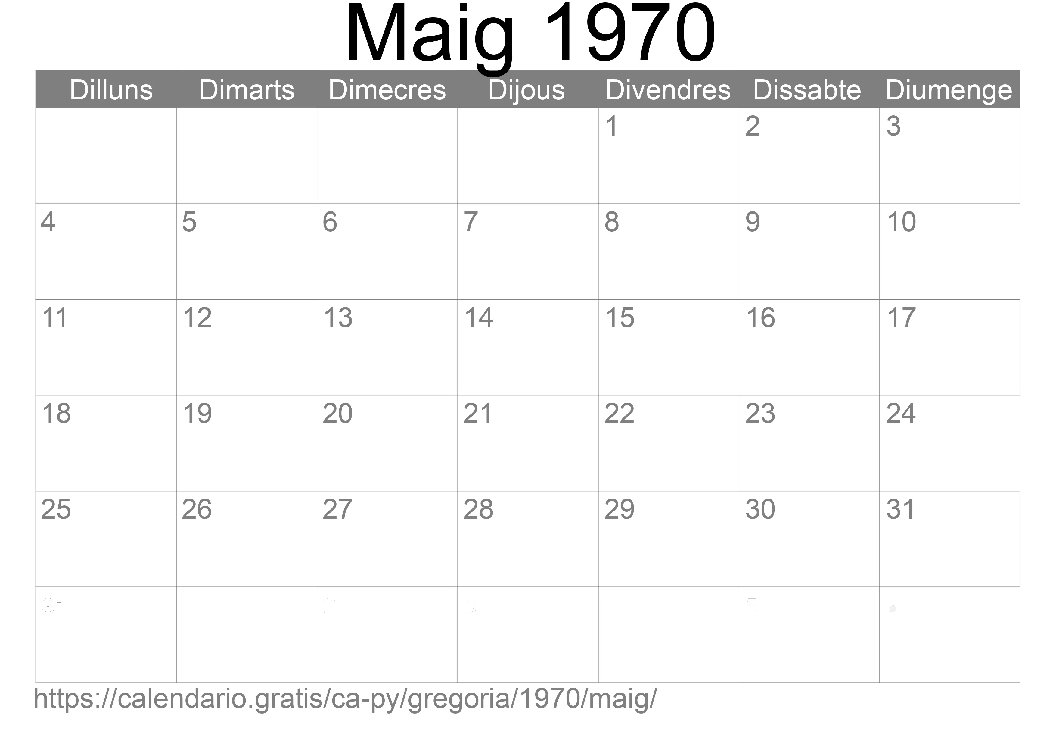 Calendari Maig 1970 per imprimir (Paraguai) Calendari Maig 1970 per imprimir (Paraguai)