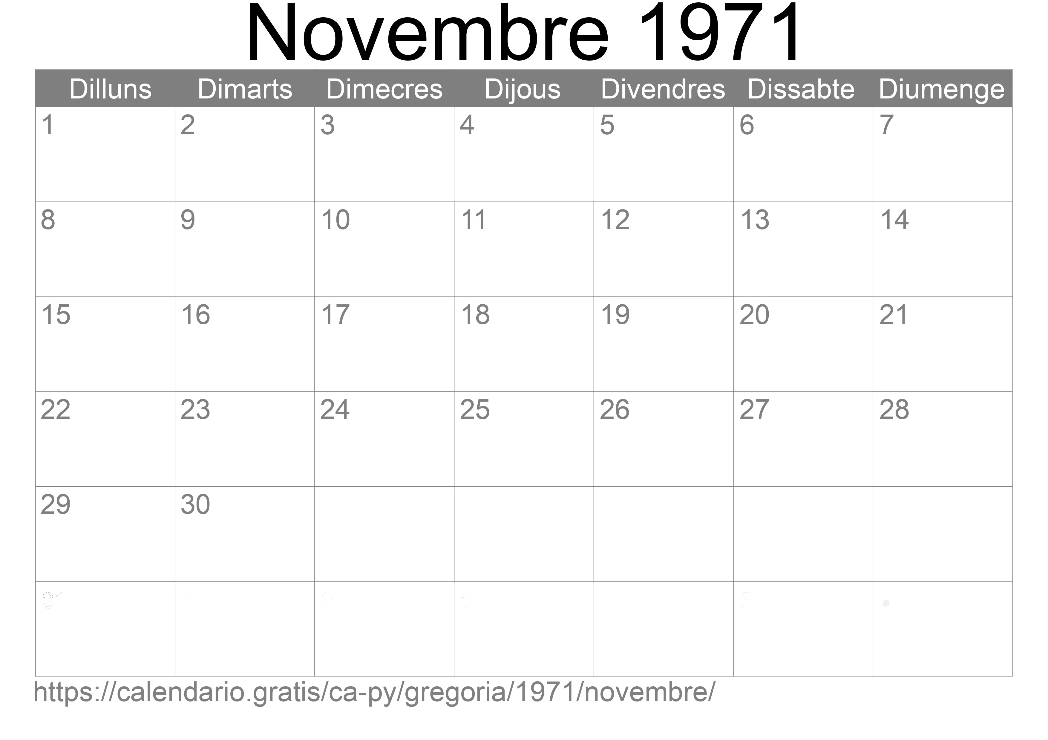 Calendari Novembre 1971 per imprimir (Paraguai) Calendari Novembre 1971 per imprimir (Paraguai)