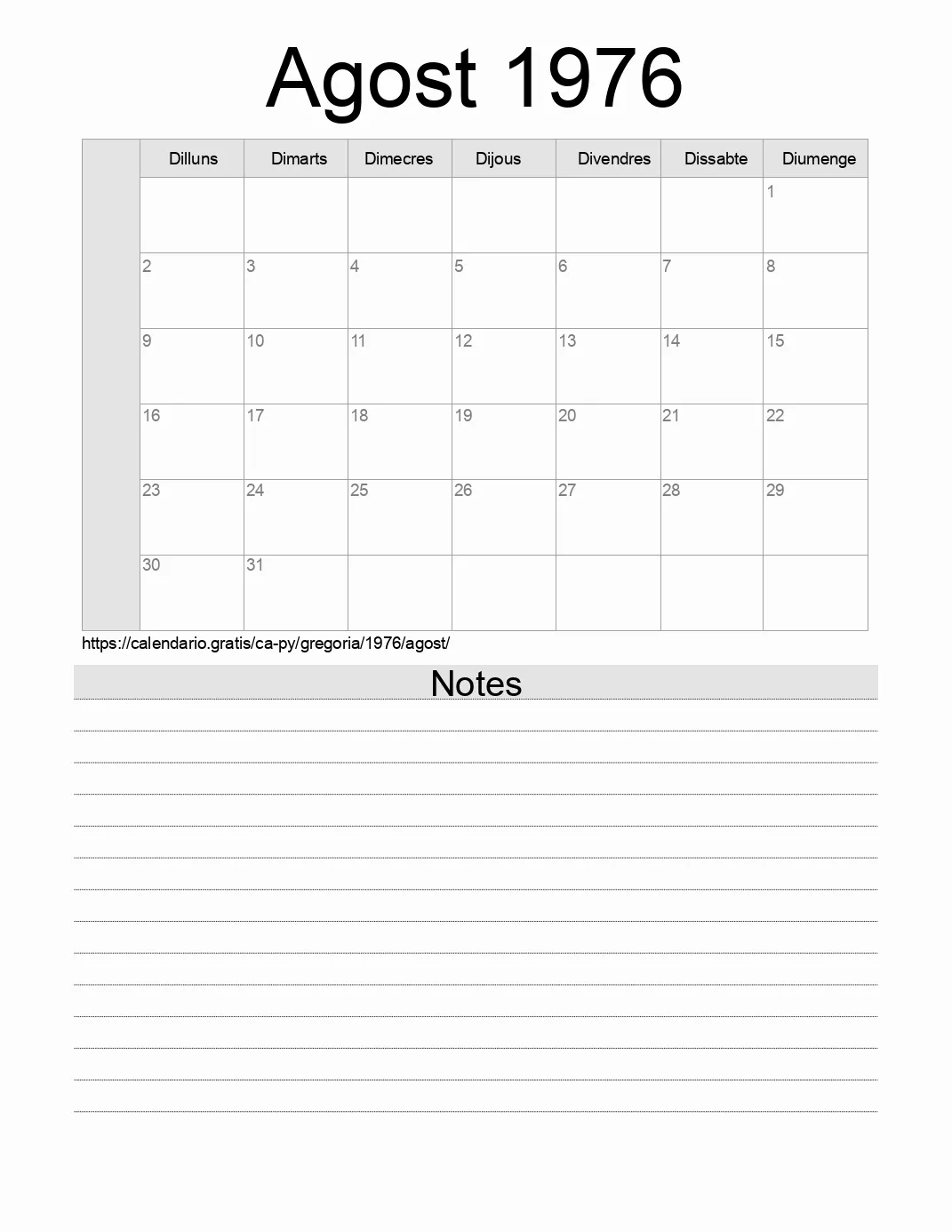 Calendari de Agost 1976 per imprimir amb notes. (Paraguai)