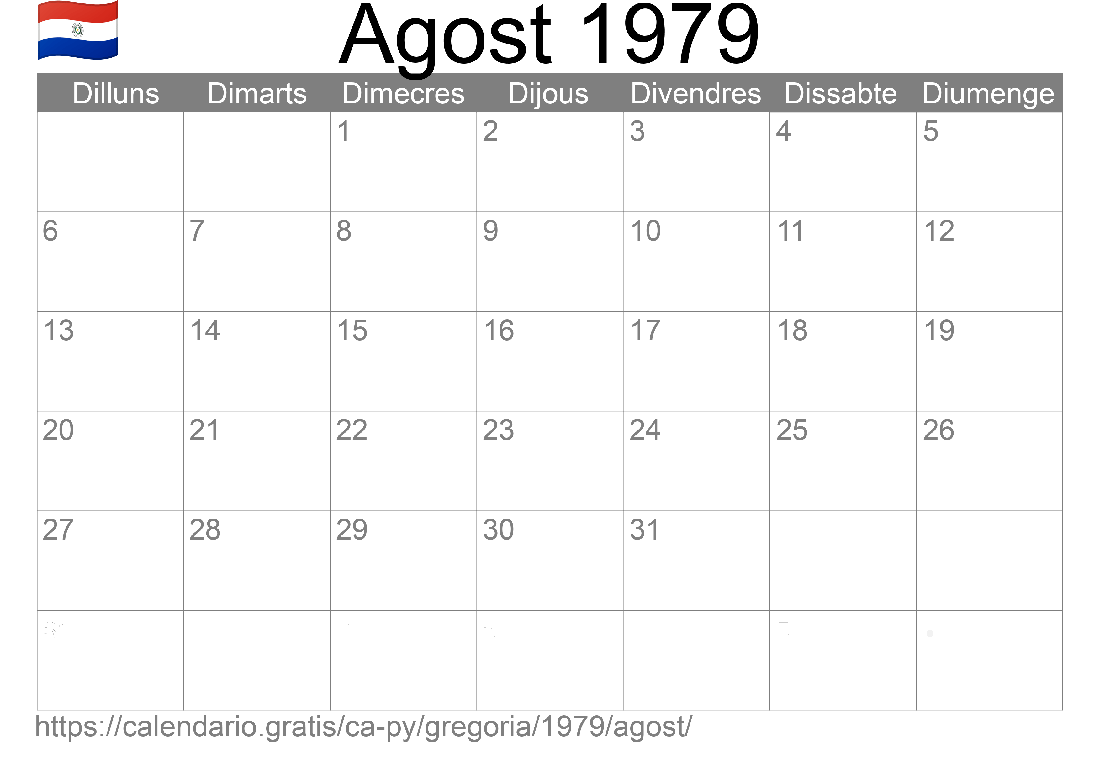 Calendari Agost 1979 per imprimir