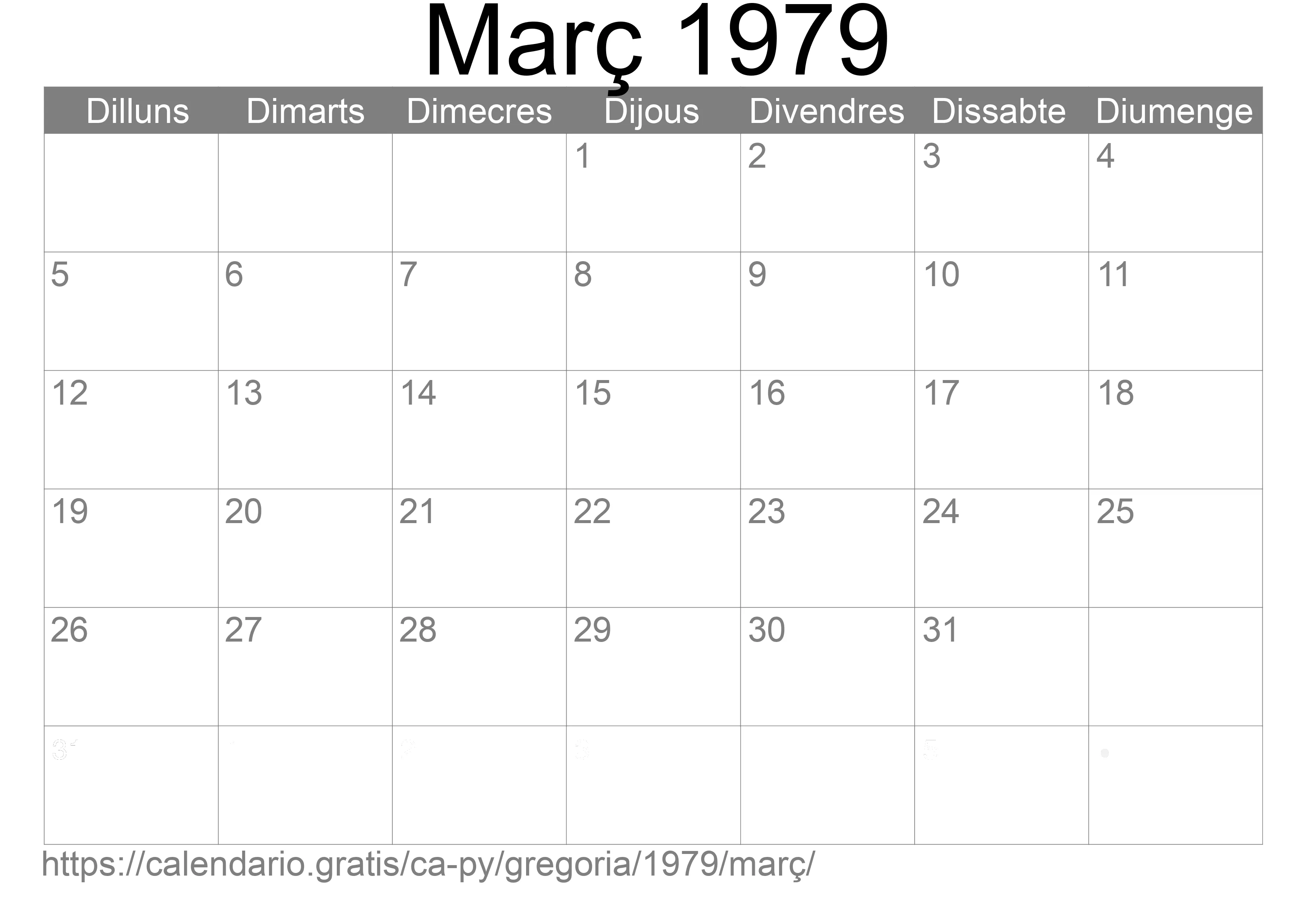 Calendari Març 1979 per imprimir (Paraguai) Calendari Març 1979 per imprimir (Paraguai)