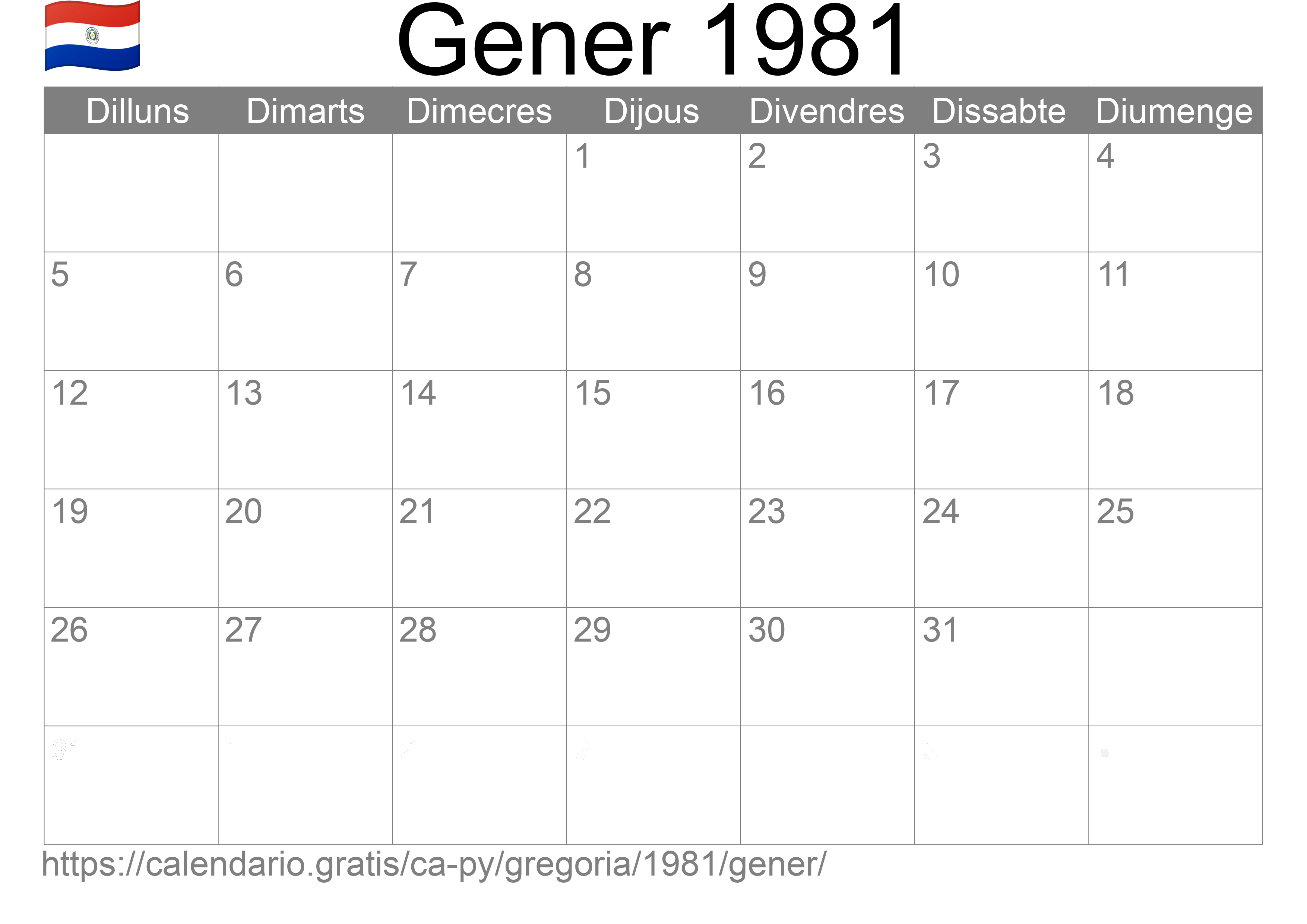 Calendari Gener 1981 per imprimir