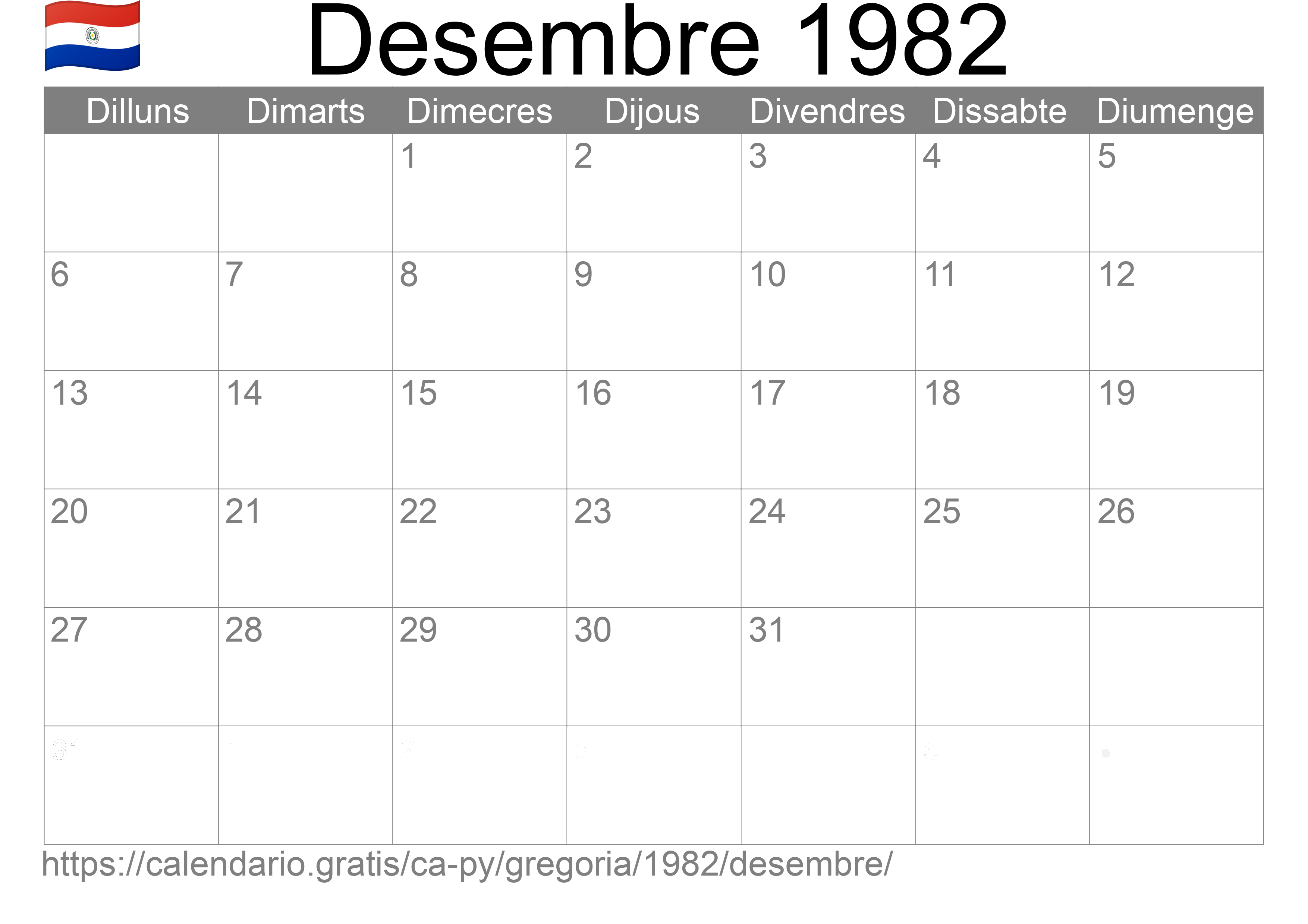 Calendari Desembre 1982 per imprimir