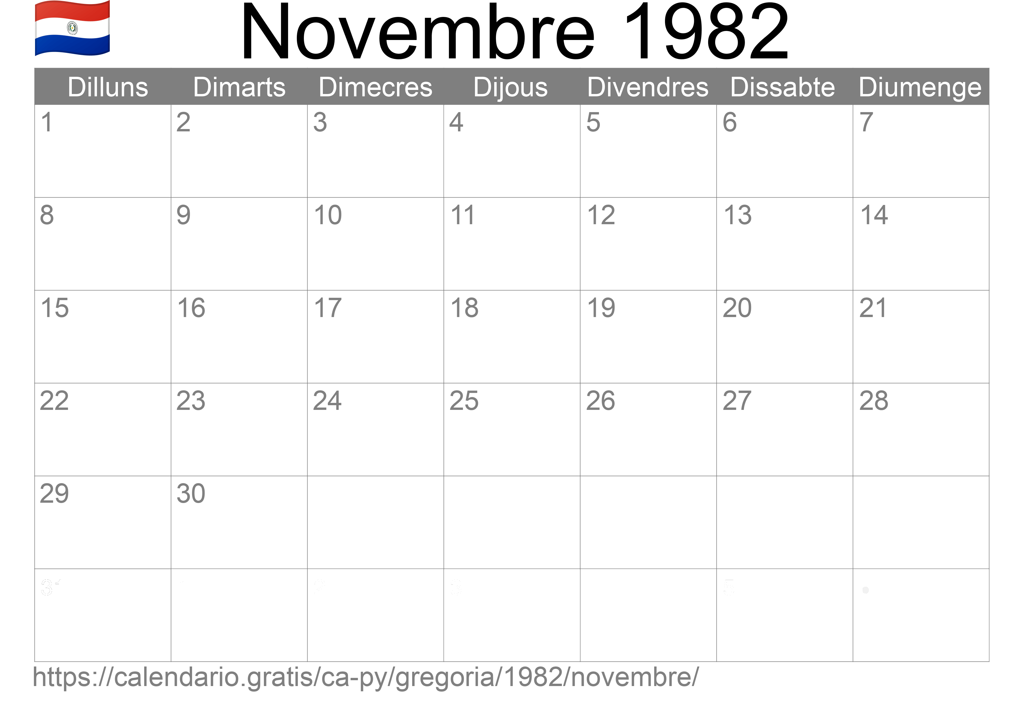 Calendari Novembre 1982 per imprimir