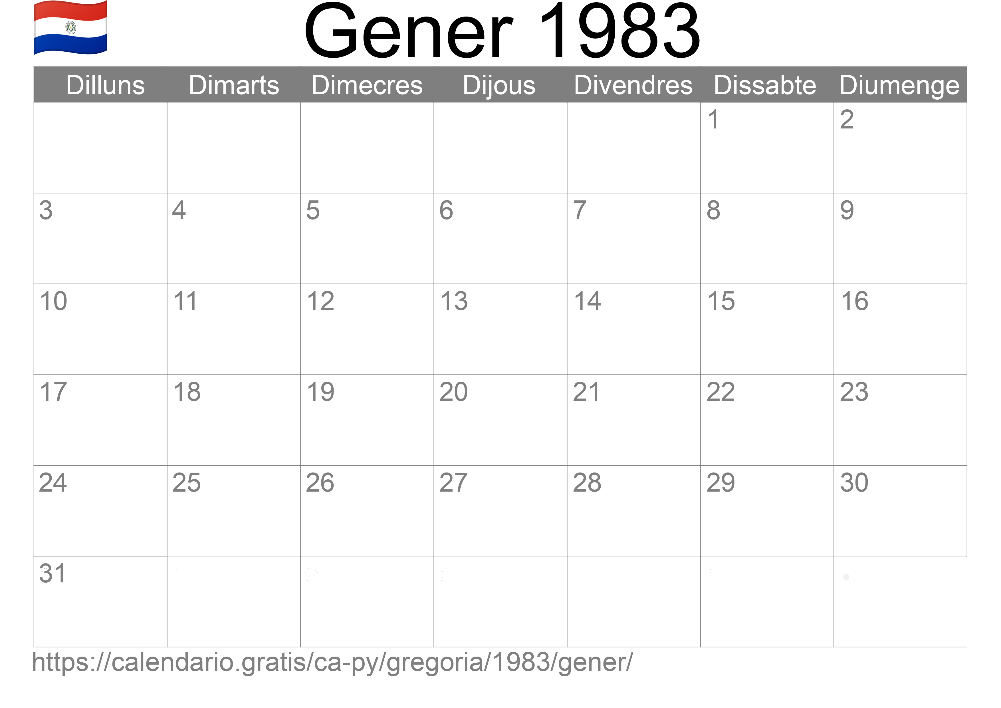 Calendari Gener 1983 per imprimir