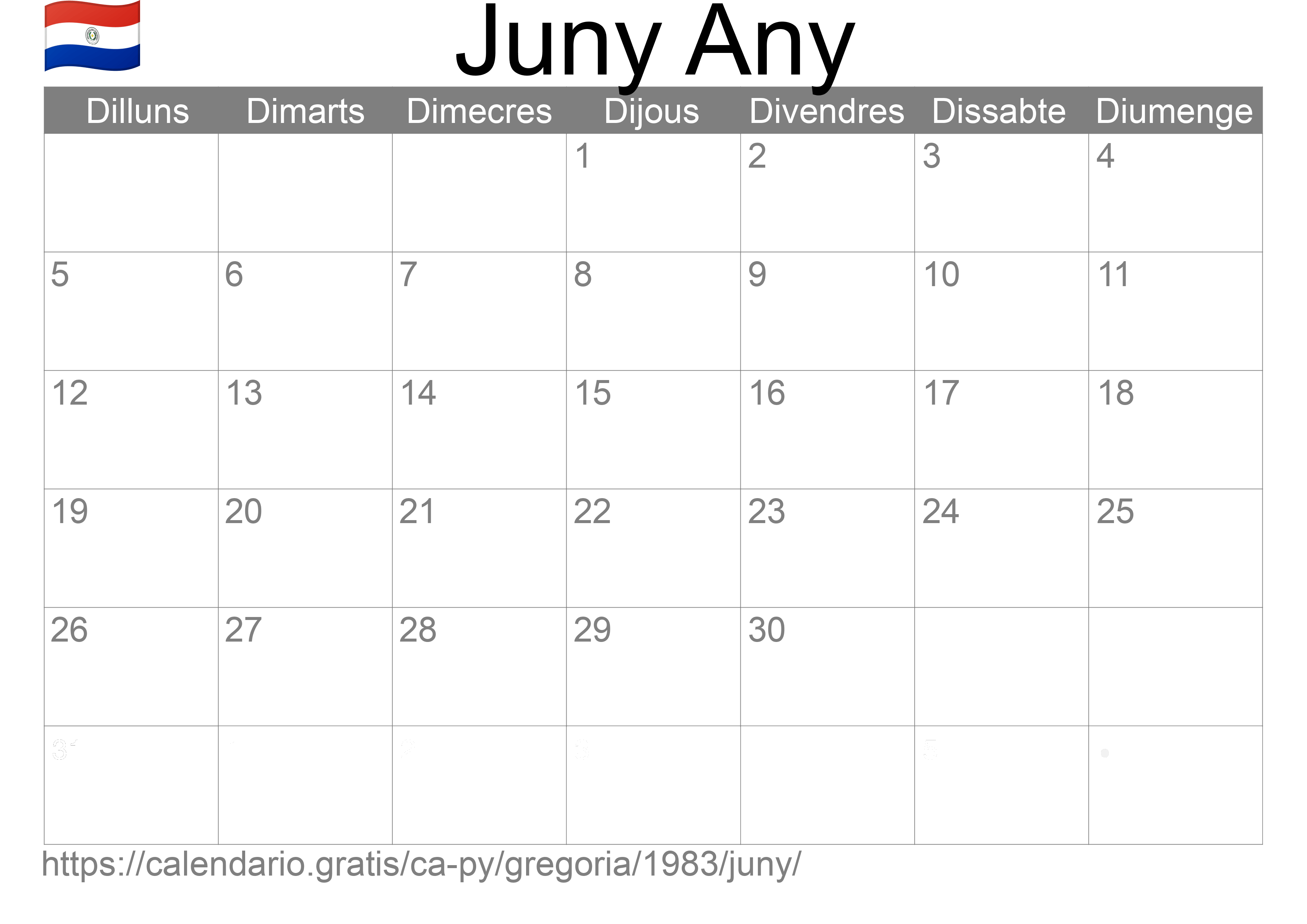 Calendari Juny 1983 per imprimir