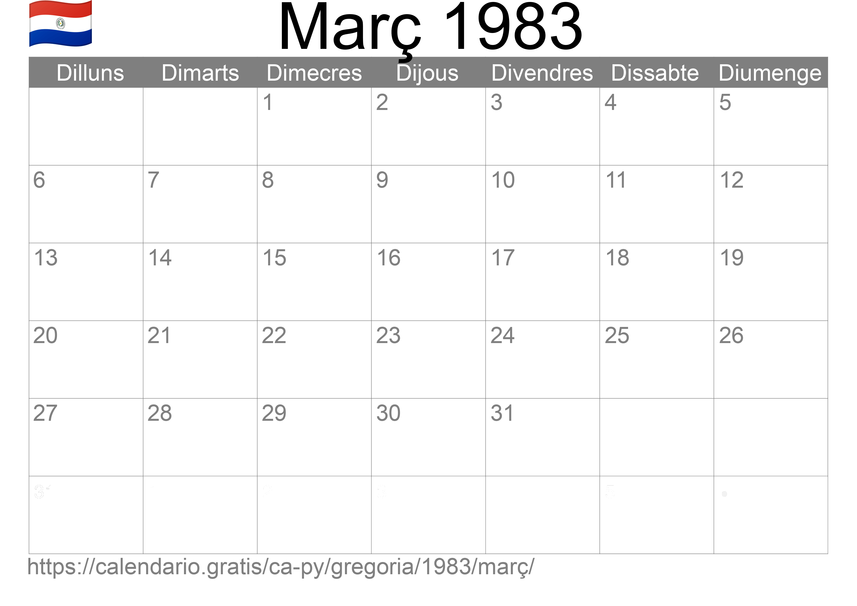 Calendari Març 1983 per imprimir