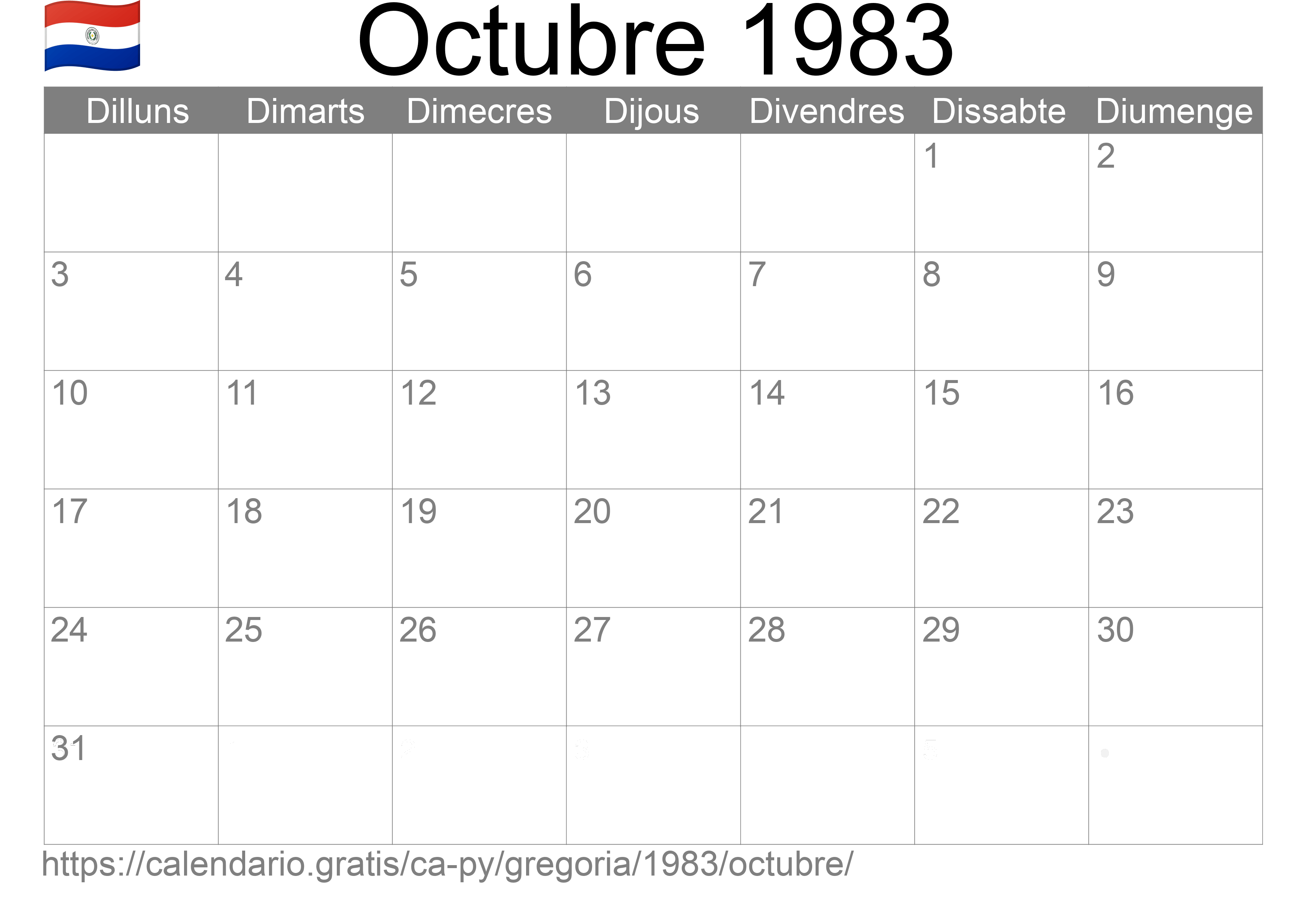 Calendari Octubre 1983 per imprimir