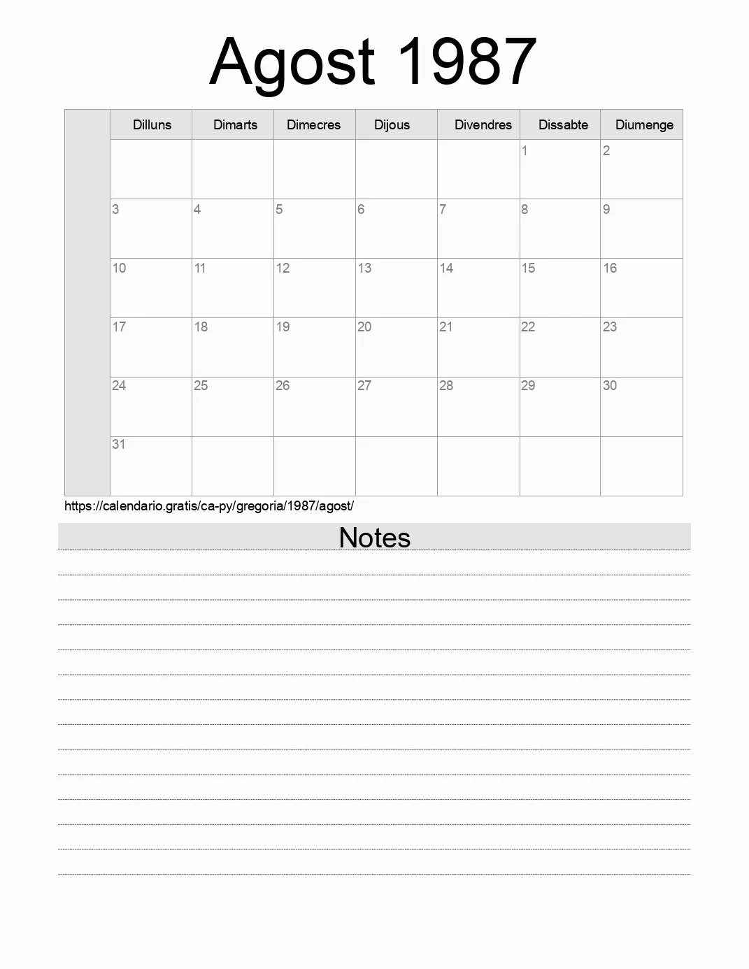 Calendari de Agost 1987 per imprimir amb notes. (Paraguai) Calendari de Agost 1987 per imprimir amb notes. (Paraguai)