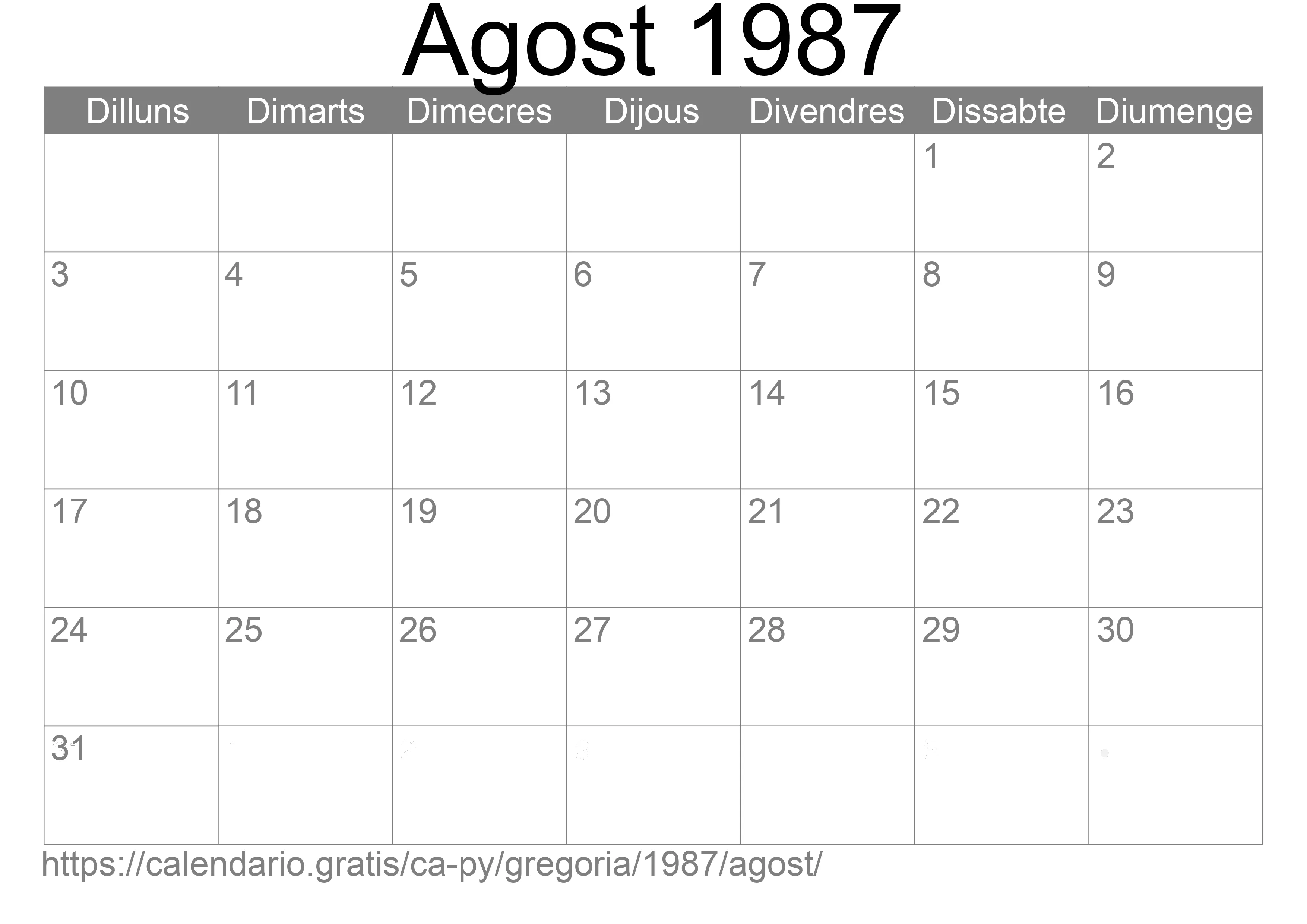 Calendari Agost 1987 per imprimir (Paraguai) Calendari Agost 1987 per imprimir (Paraguai)