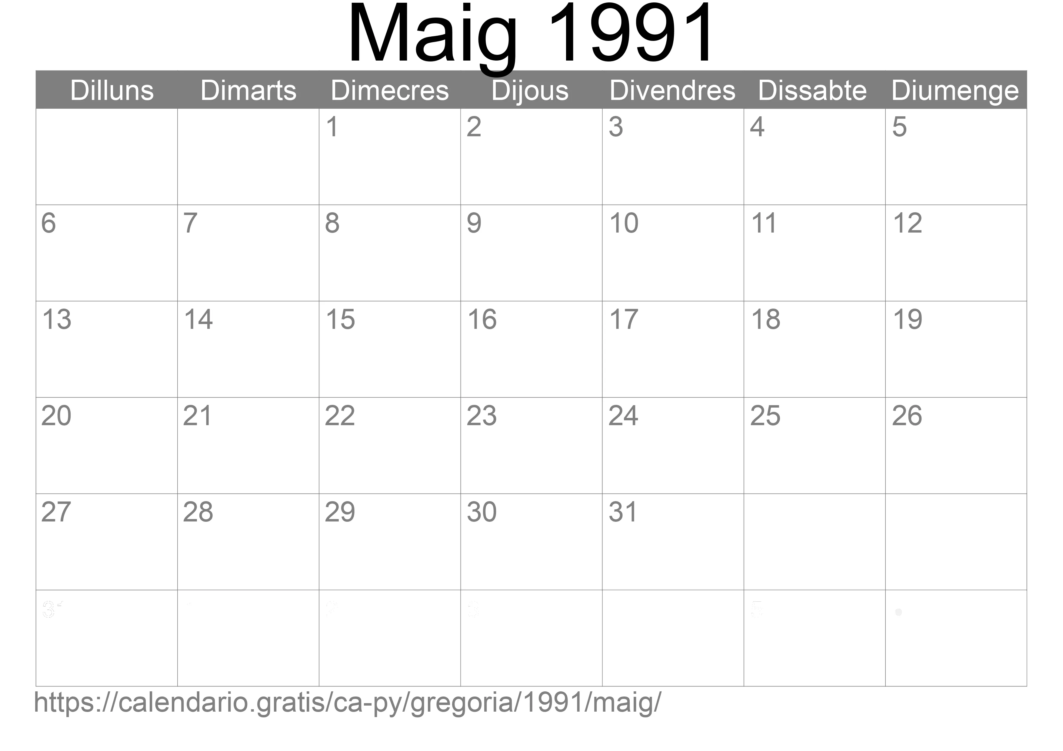 Calendari Maig 1991 per imprimir (Paraguai) Calendari Maig 1991 per imprimir (Paraguai)