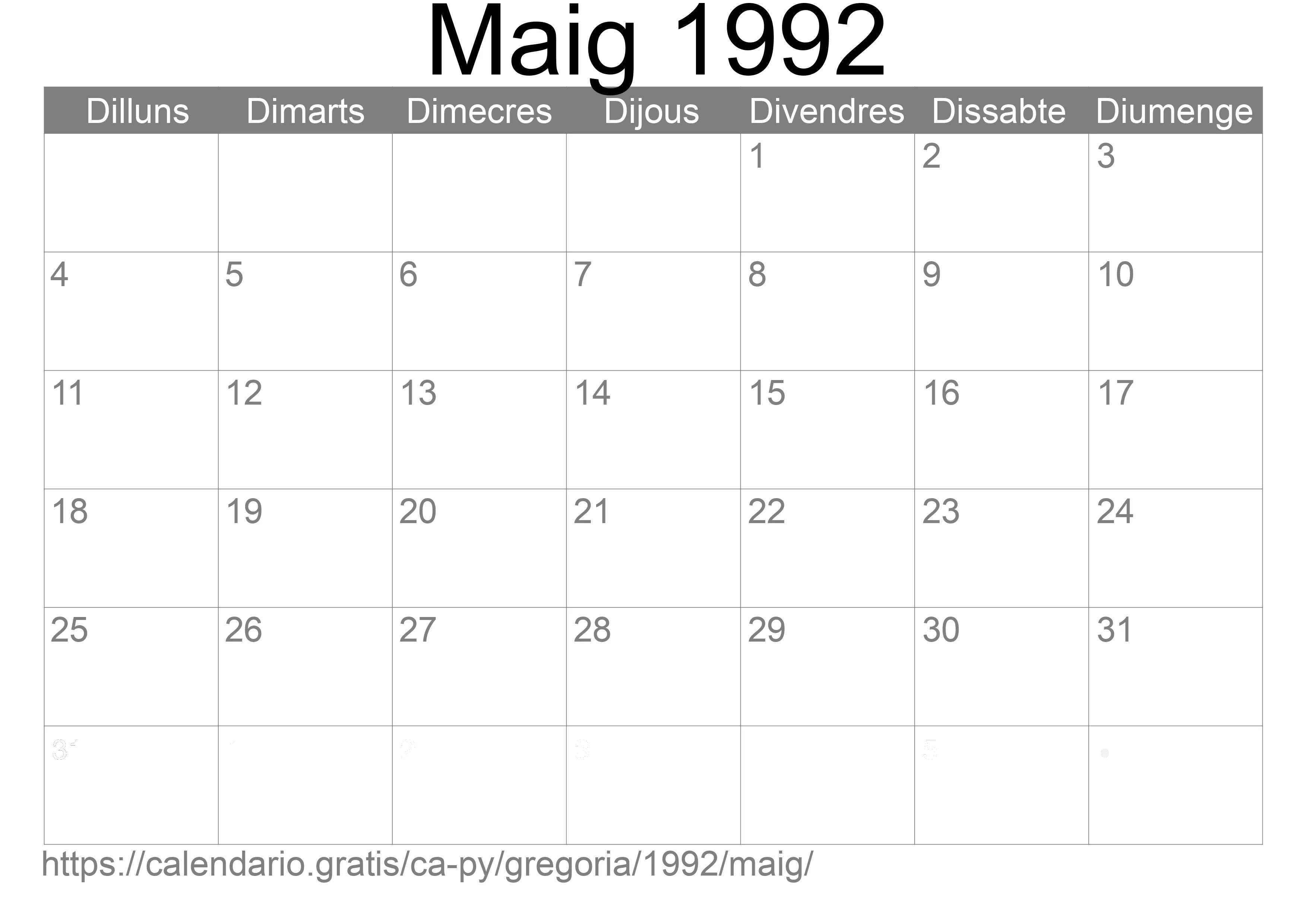 Calendari Maig 1992 per imprimir (Paraguai) Calendari Maig 1992 per imprimir (Paraguai)
