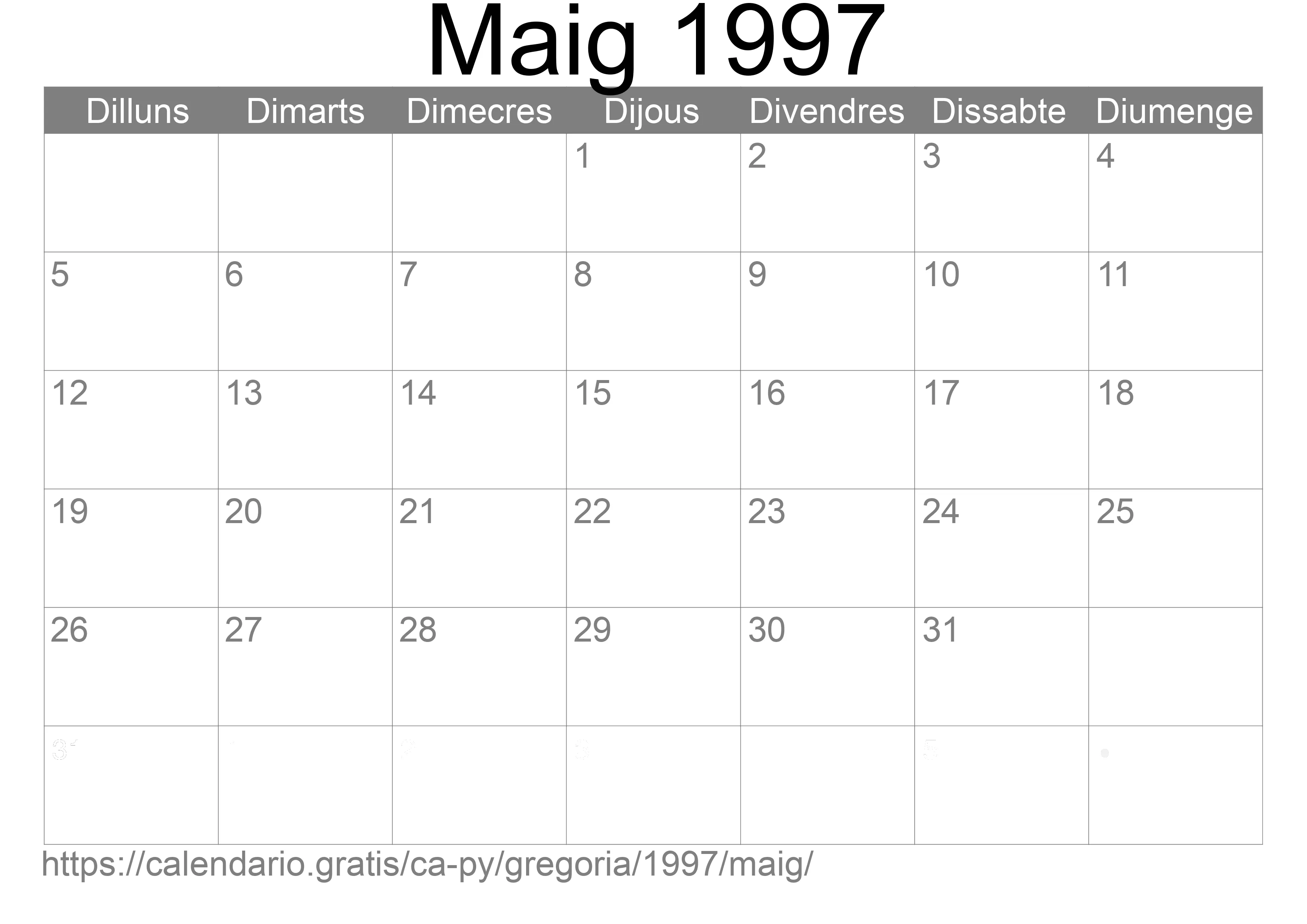 Calendari Maig 1997 per imprimir (Paraguai) Calendari Maig 1997 per imprimir (Paraguai)