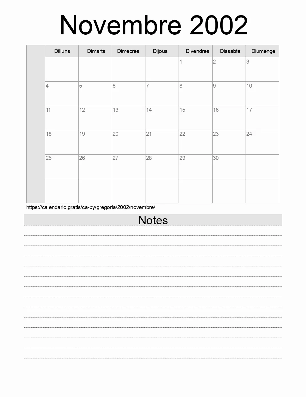 Calendari de Novembre 2002 per imprimir amb notes. (Paraguai) Calendari de Novembre 2002 per imprimir amb notes. (Paraguai)