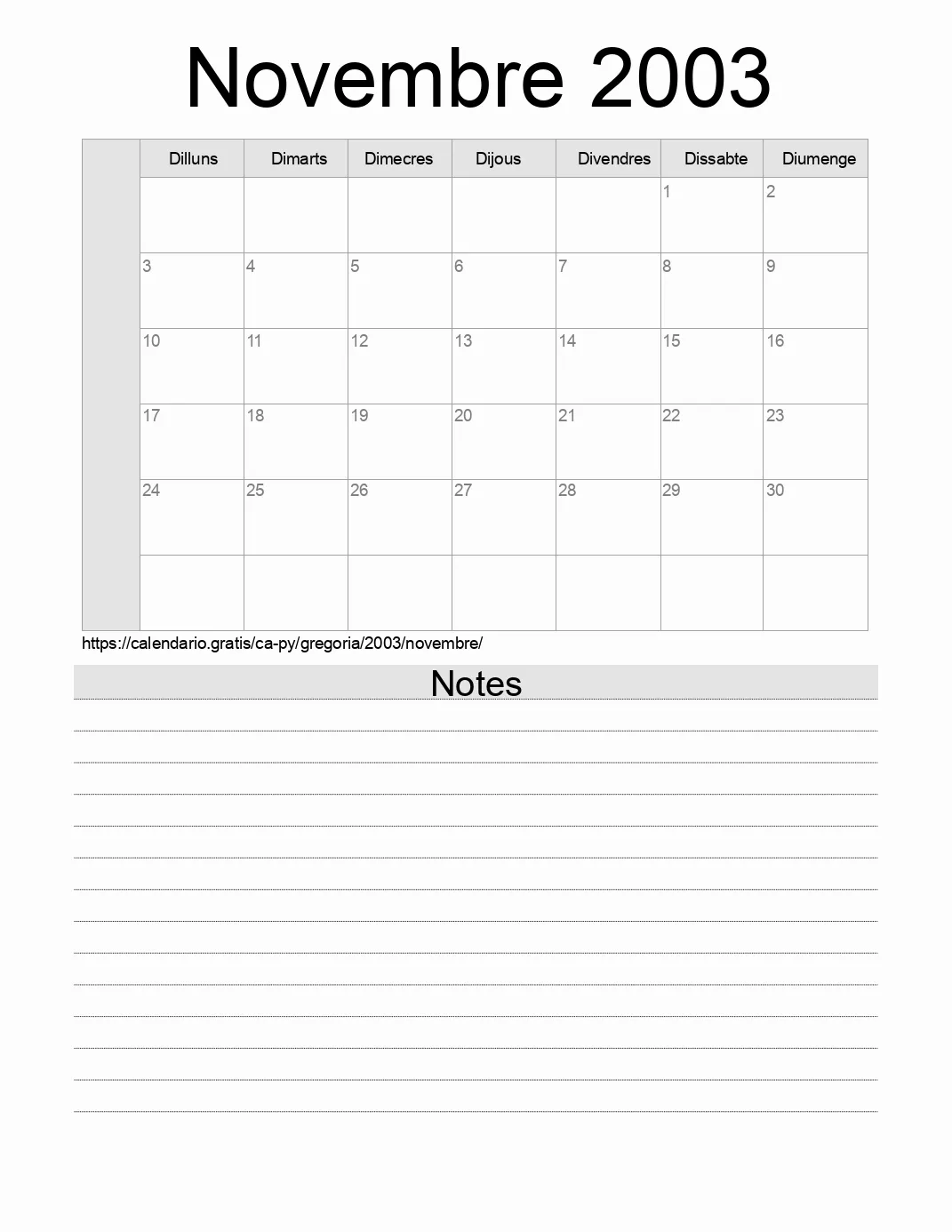 Calendari de Novembre 2003 per imprimir amb notes. (Paraguai) Calendari de Novembre 2003 per imprimir amb notes. (Paraguai)