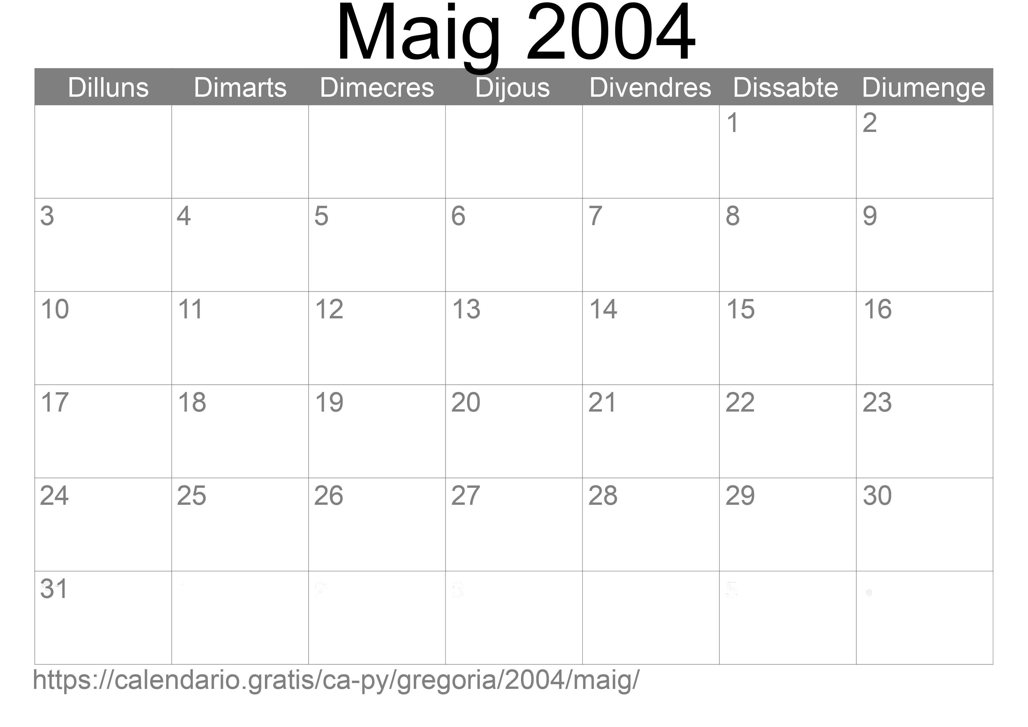 Calendari Maig 2004 per imprimir (Paraguai)