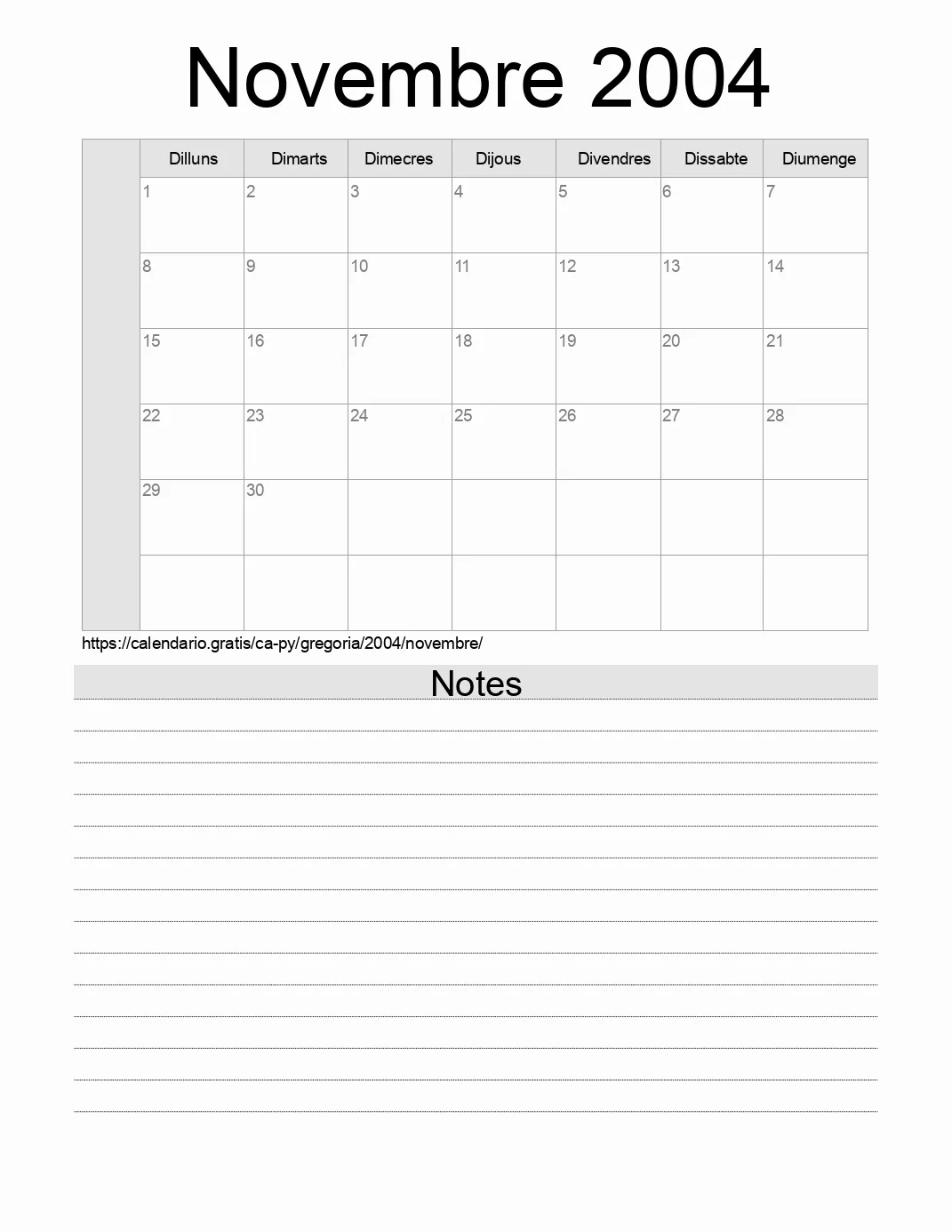 Calendari de Novembre 2004 per imprimir amb notes. (Paraguai) Calendari de Novembre 2004 per imprimir amb notes. (Paraguai)