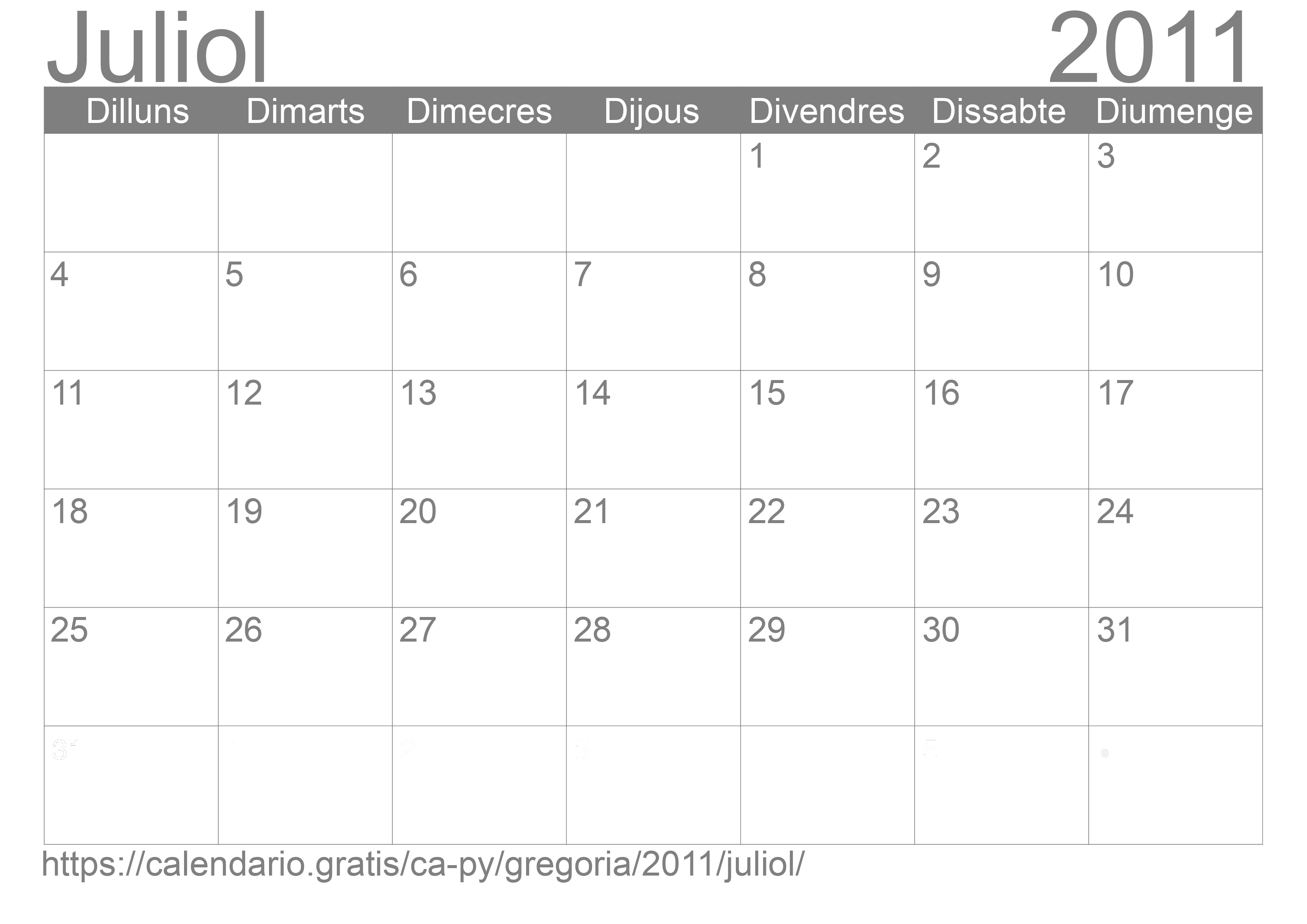 Calendari Juliol 2011 per imprimir