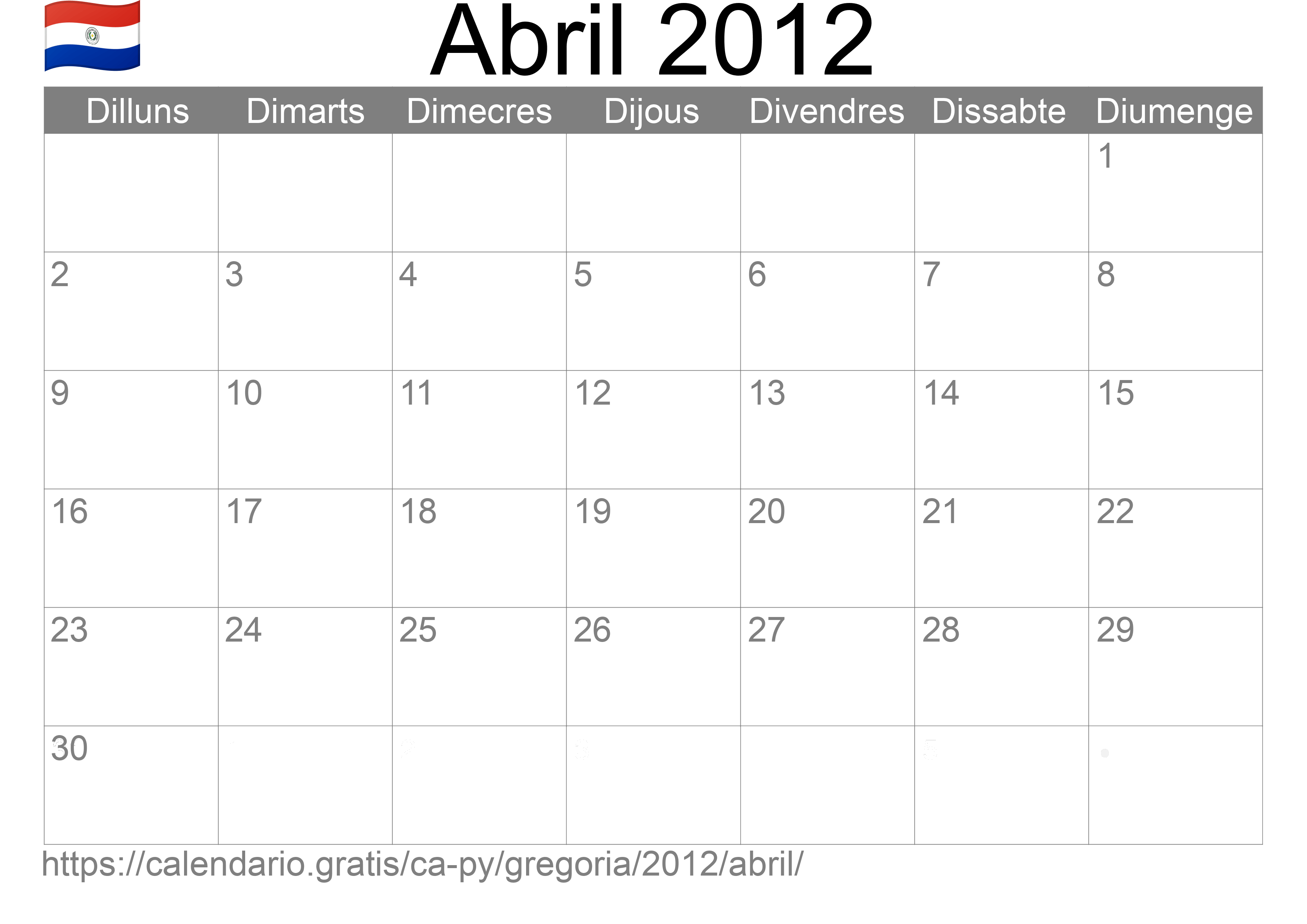 Calendari Abril 2012 per imprimir