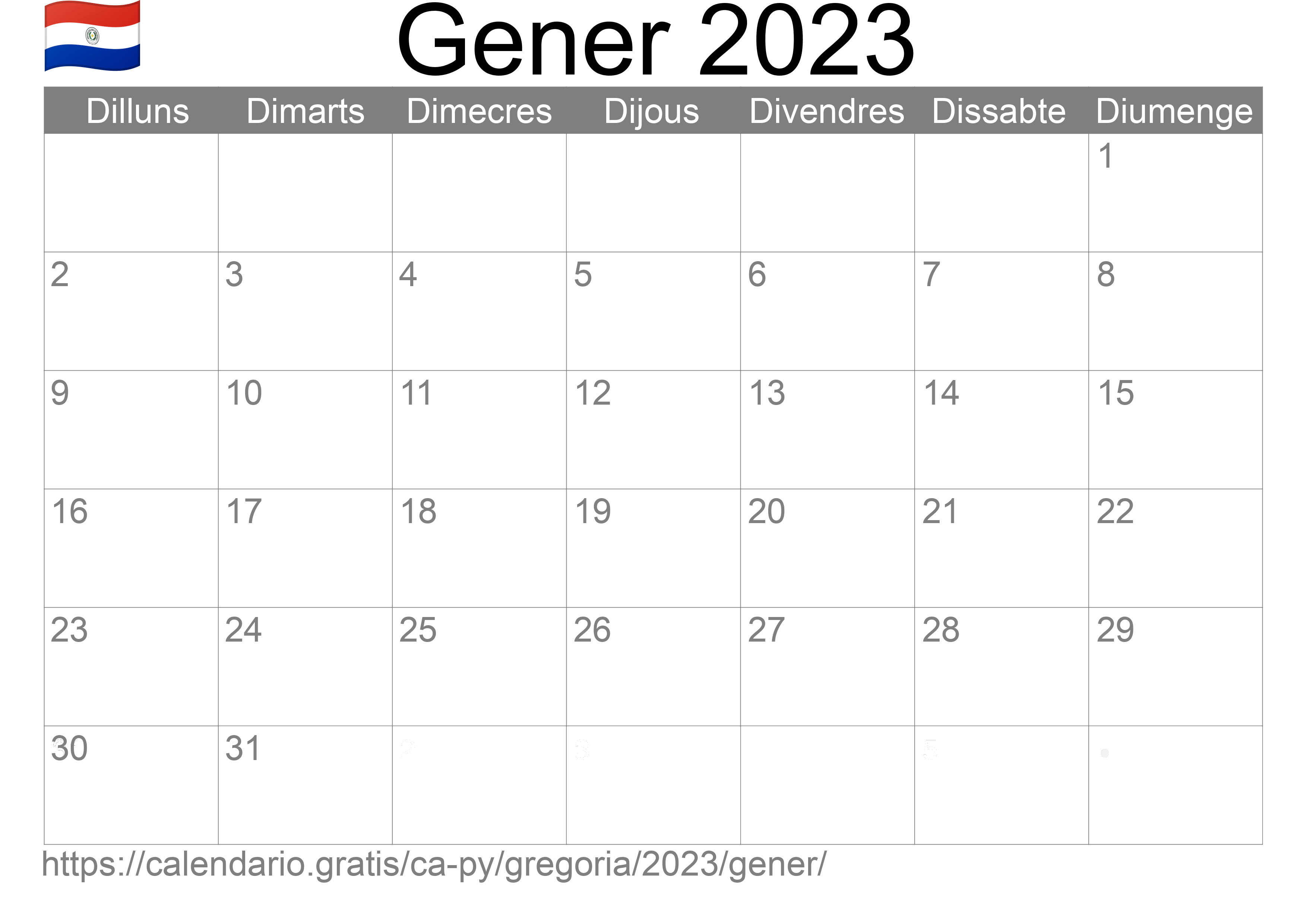 Calendari Gener 2023 per imprimir