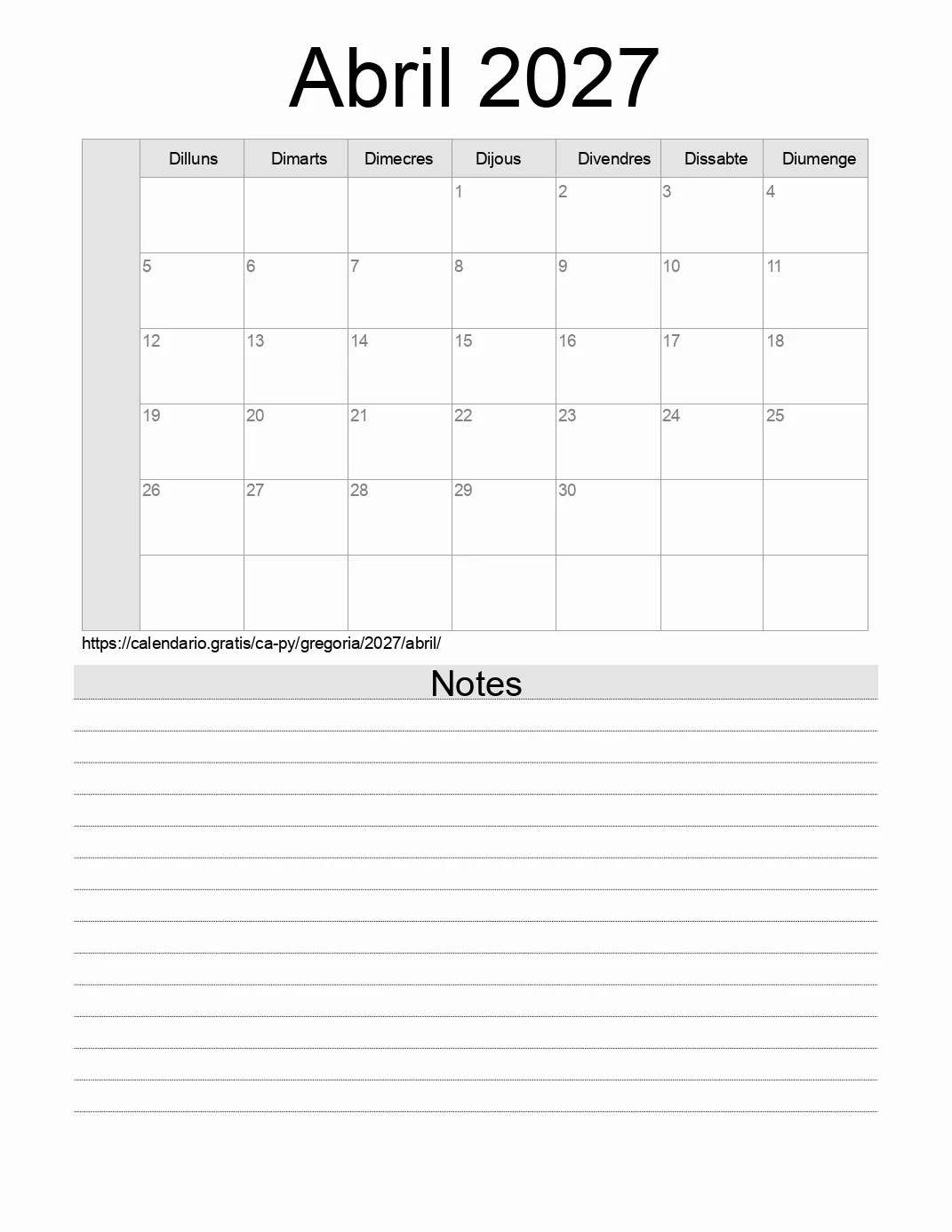 Calendari de Abril 2027 per imprimir amb notes. (Paraguai)