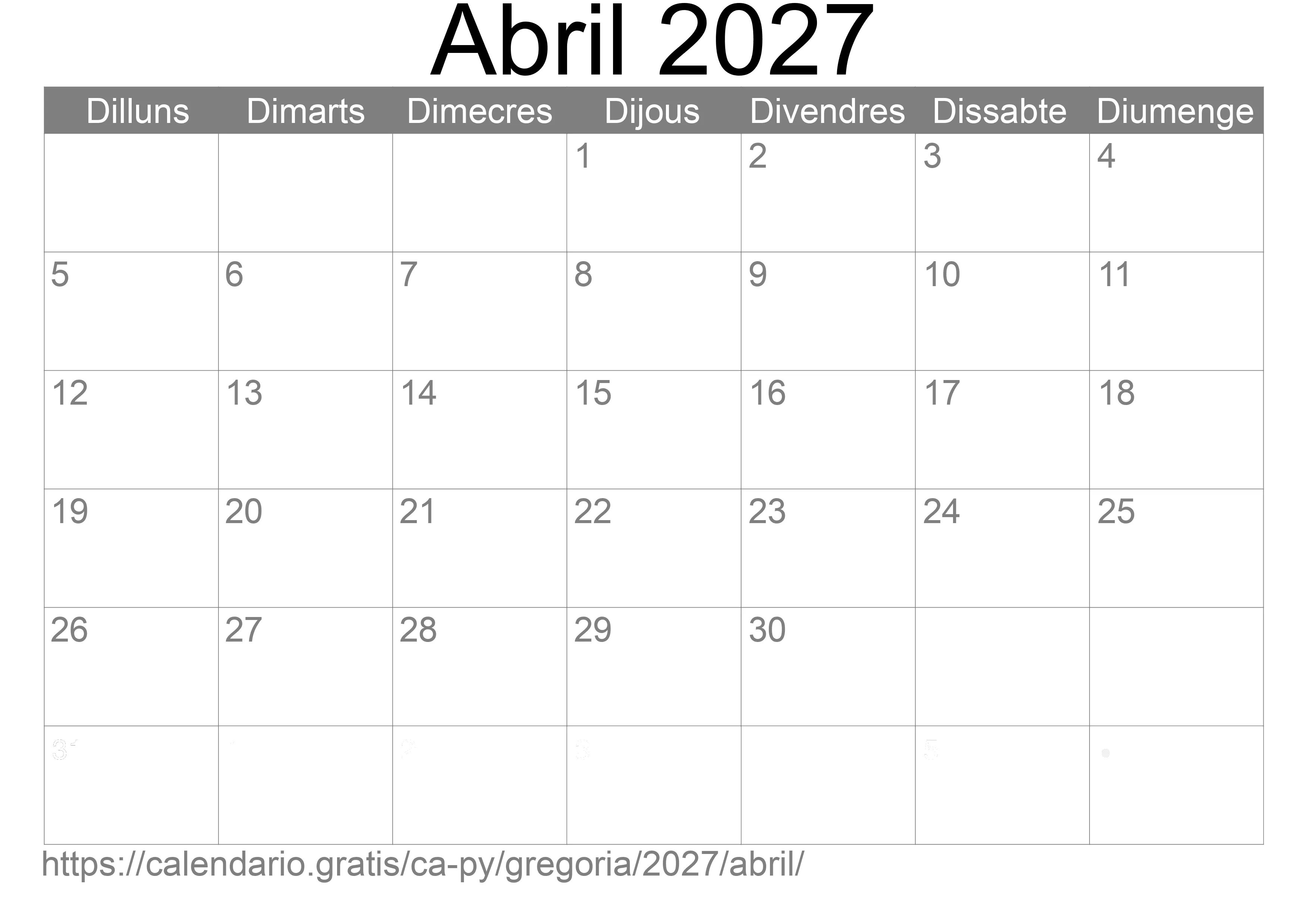 Calendari Abril 2027 per imprimir (Paraguai)