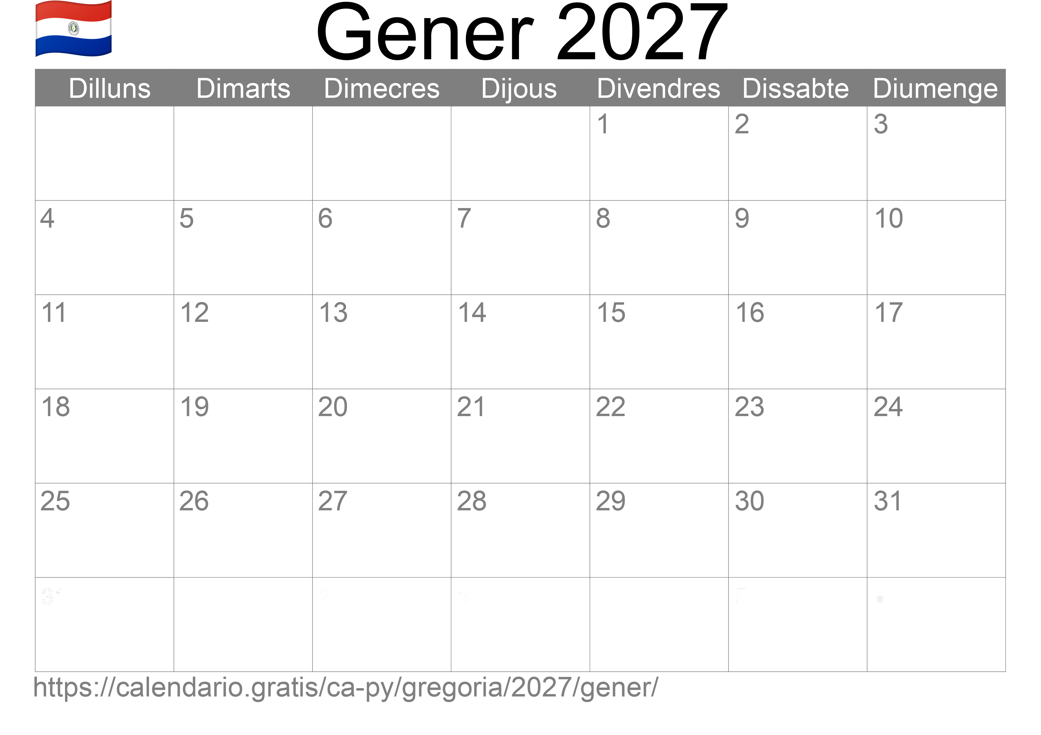 Calendari Gener 2027 per imprimir