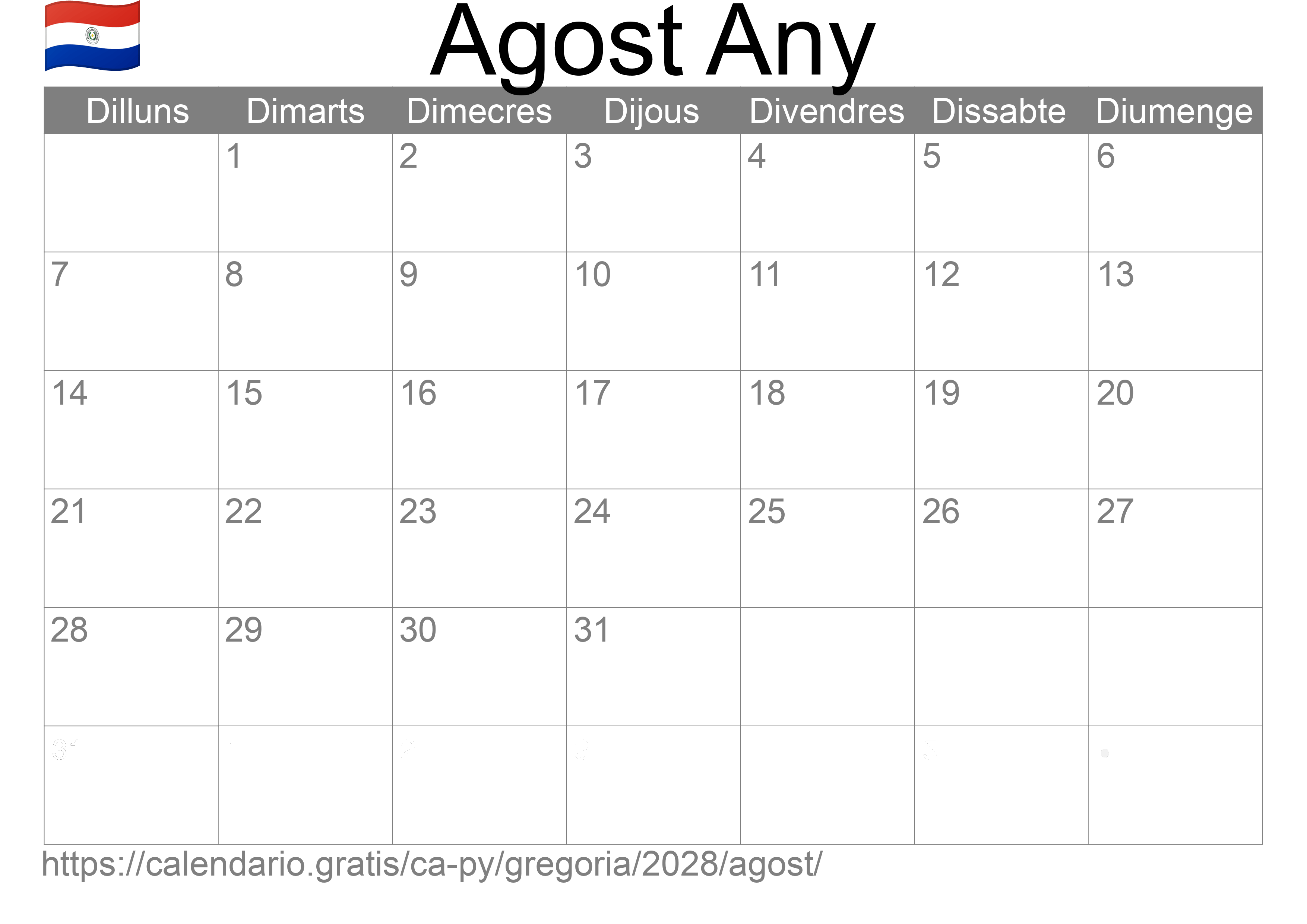 Calendari Agost 2028 per imprimir