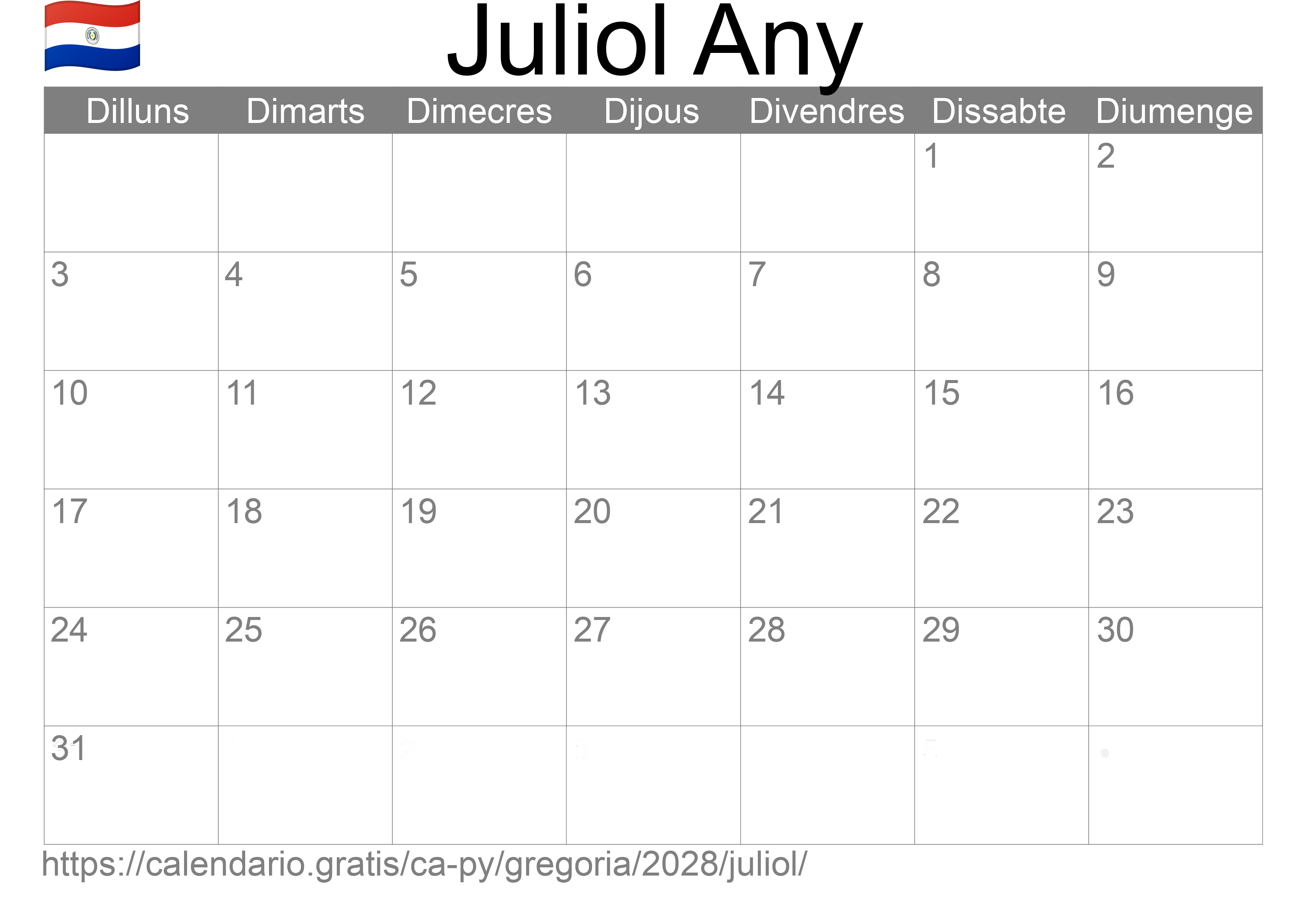 Calendari Juliol 2028 per imprimir