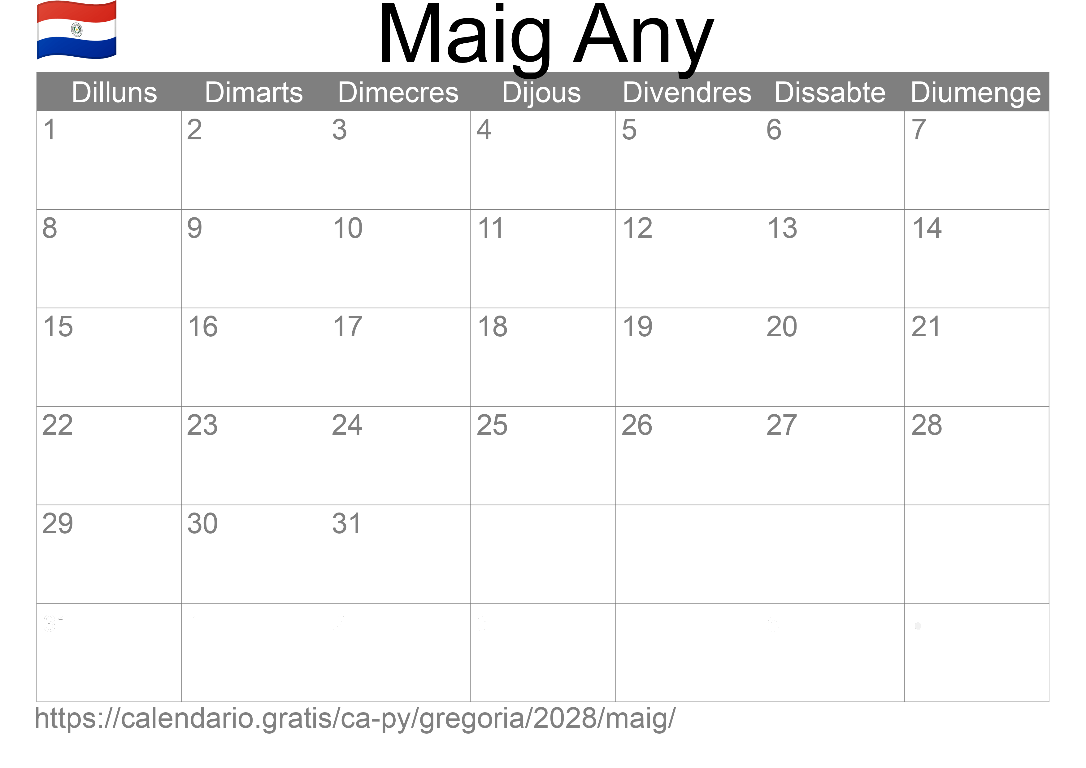 Calendari Maig 2028 per imprimir