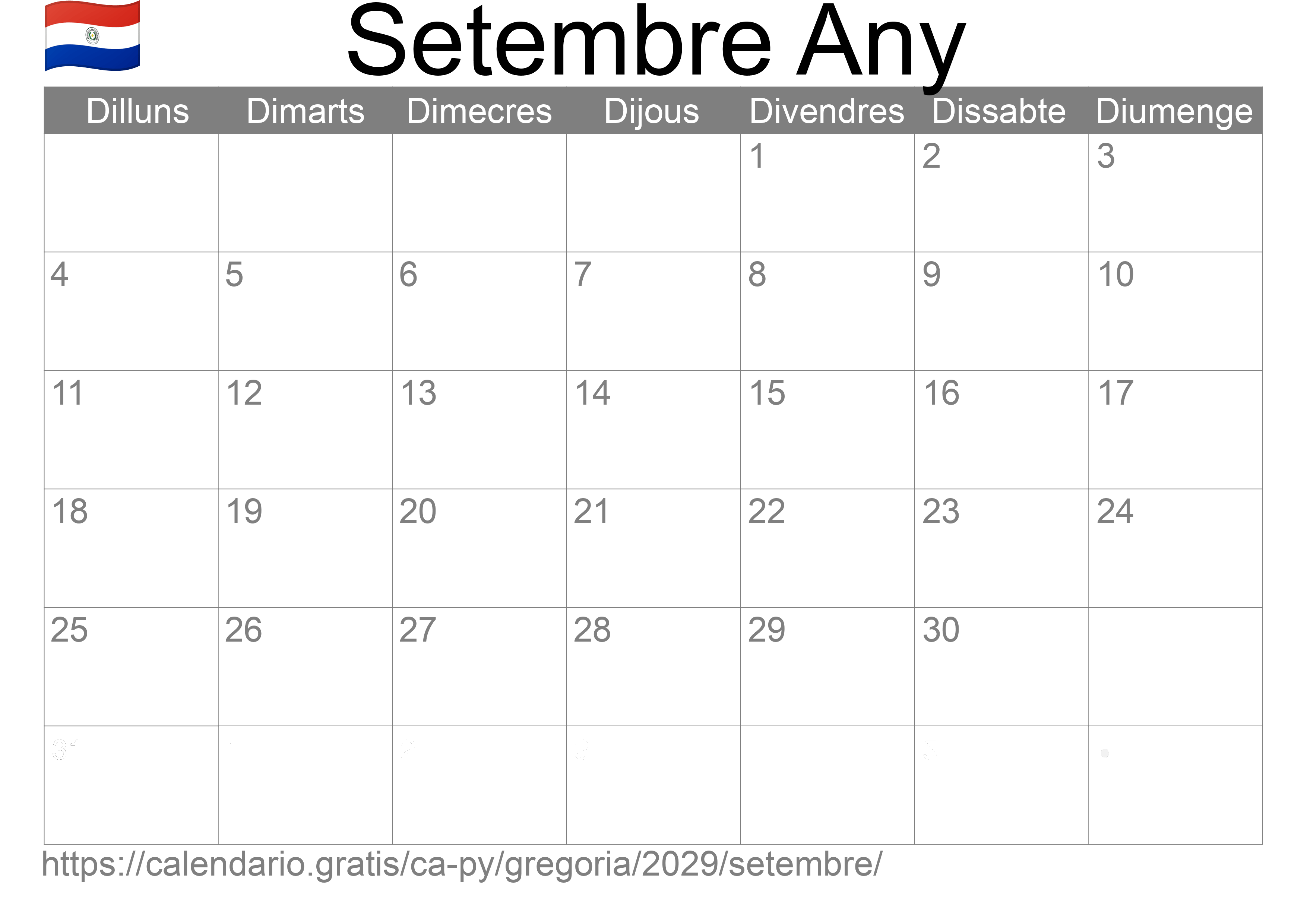 Calendari Setembre 2029 per imprimir