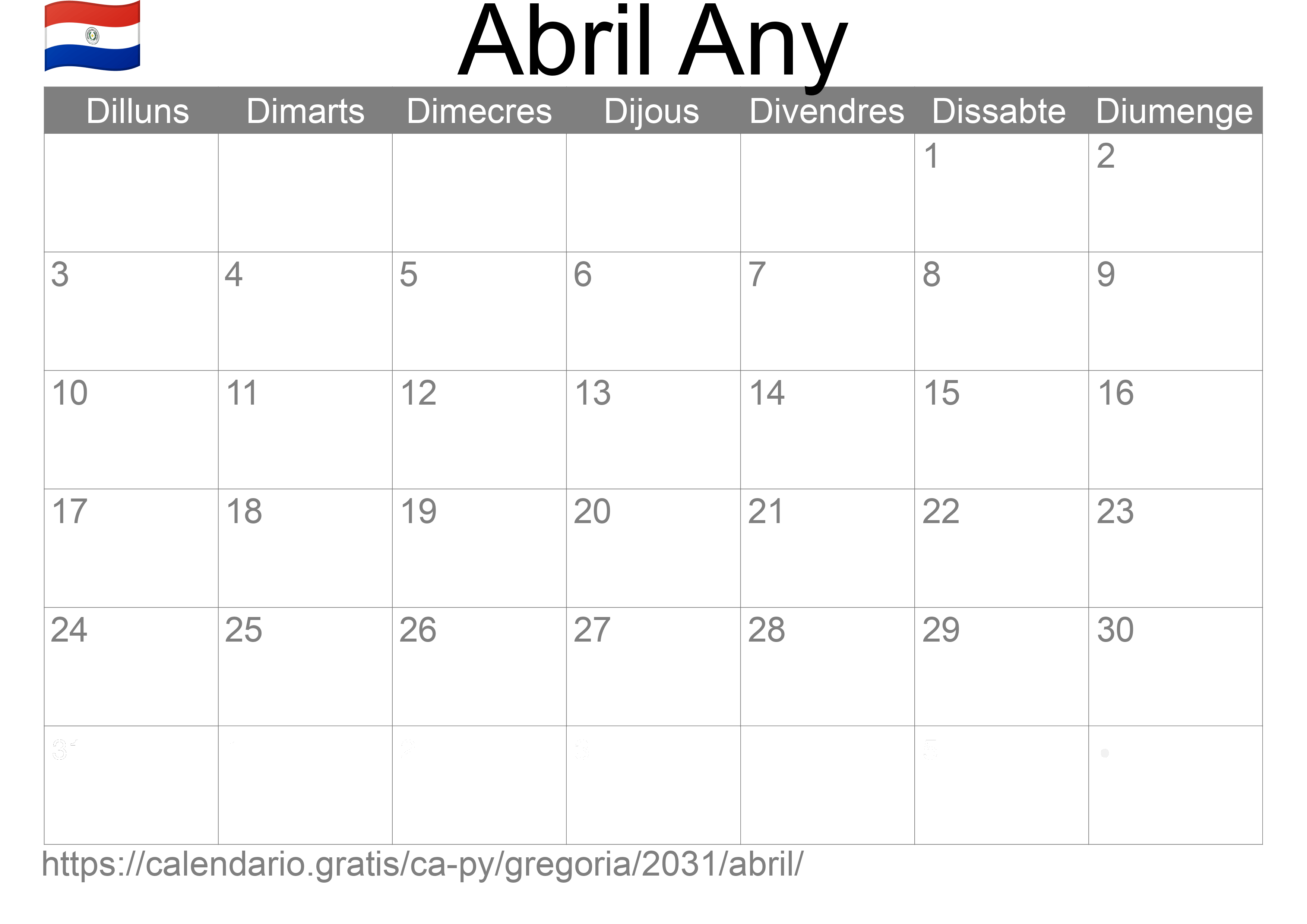 Calendari Abril 2031 per imprimir