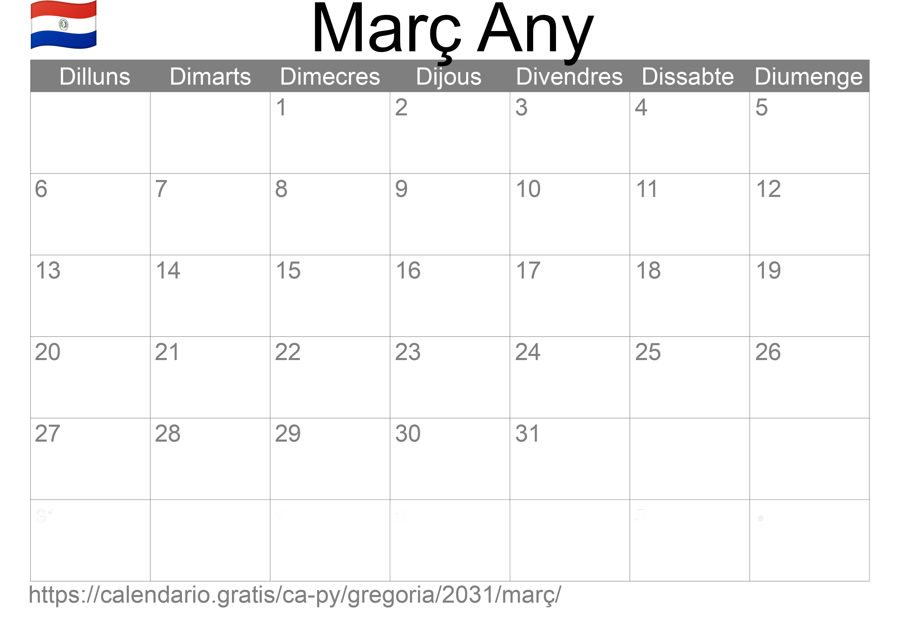 Calendari Març 2031 per imprimir